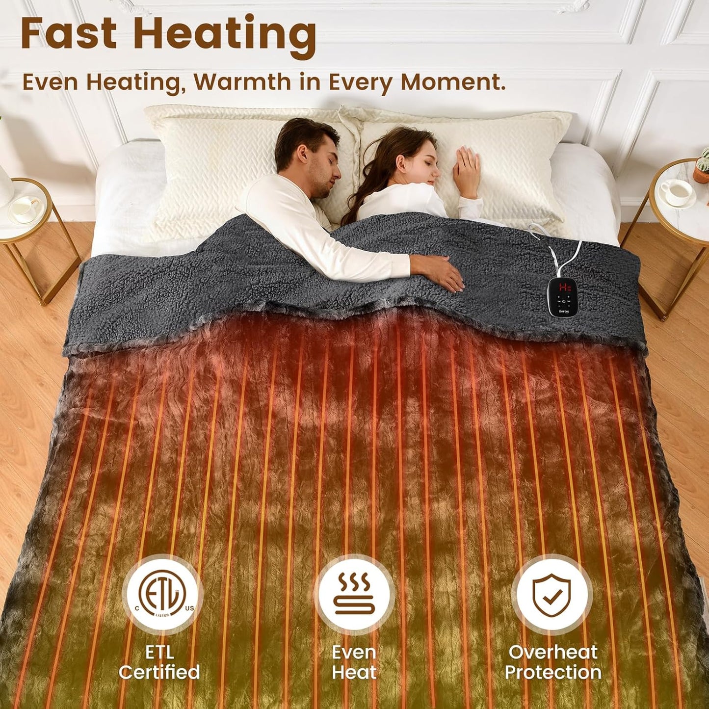 Bearhug Heated Blanket Full Size 77"x 84", Marble Black Electric Blanket, Reversible Faux Fur & Sherpa, 10 Heating Levels & 1-12H Auto Off, Over-Heat Protect, ETL, Washable Heated Blanket