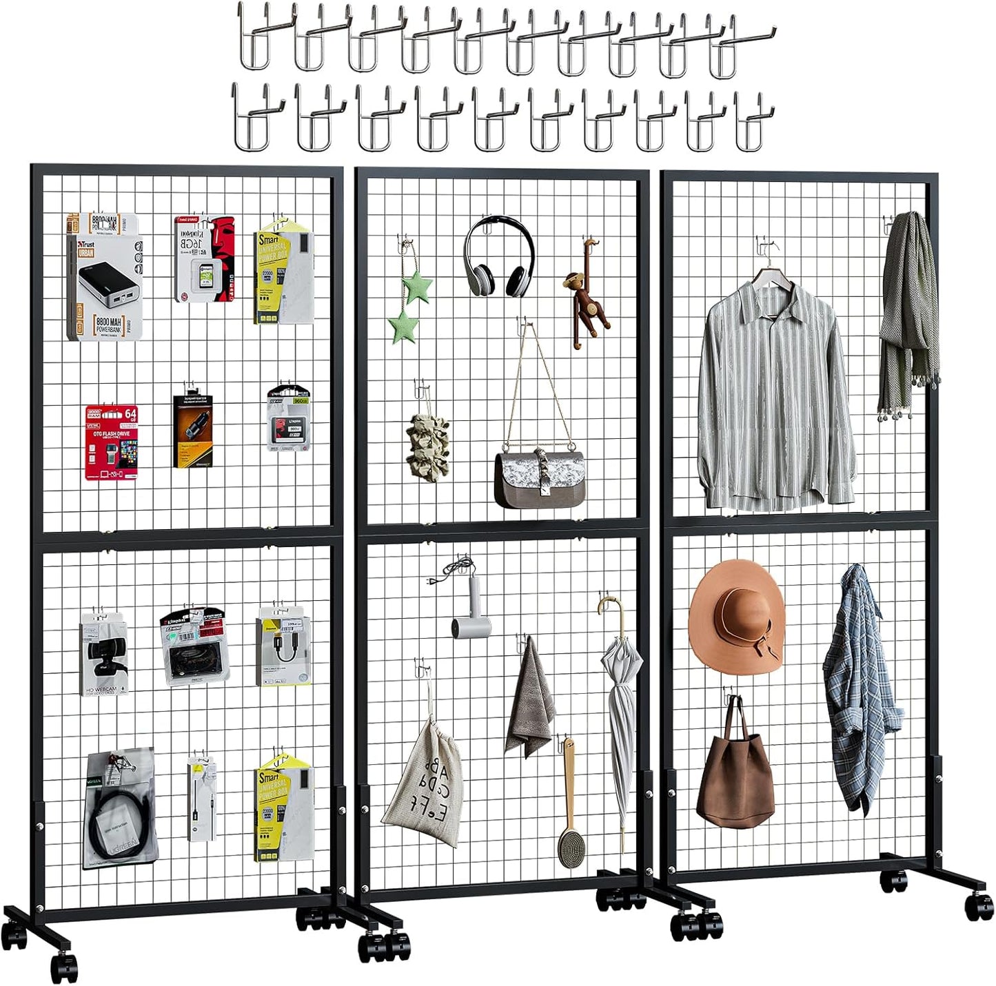 3 Pack Grid Wall Panel Rack, 3x6 Ft Metal Gridwall Display Stand with T-Base Wheels, Heavy-Duty Mobile Freestanding Racks with 20 Grid Hooks, for Retail Store, Craft Show, Boutique, Black