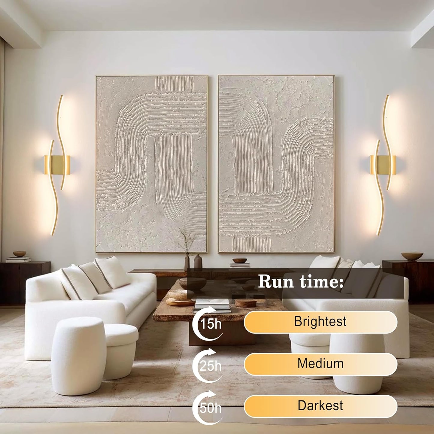Battery Operated Wall Sconces Set of Two with Remote Control, Dimmable/3 Colors/Night-Light/Timer/Memory, Gold Modern Wireless LED Sconce for Living Room, Hallway, Bedroom, 31.4 Inch (2 Pack)