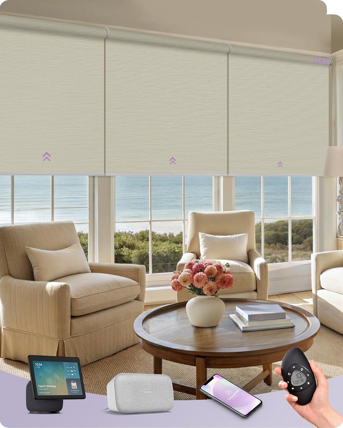 Graywind Smart Coupled Roller Shades Compatible with Alexa Google Custom Size Extra Large Motorized Blinds for Windows(Striped Beige)