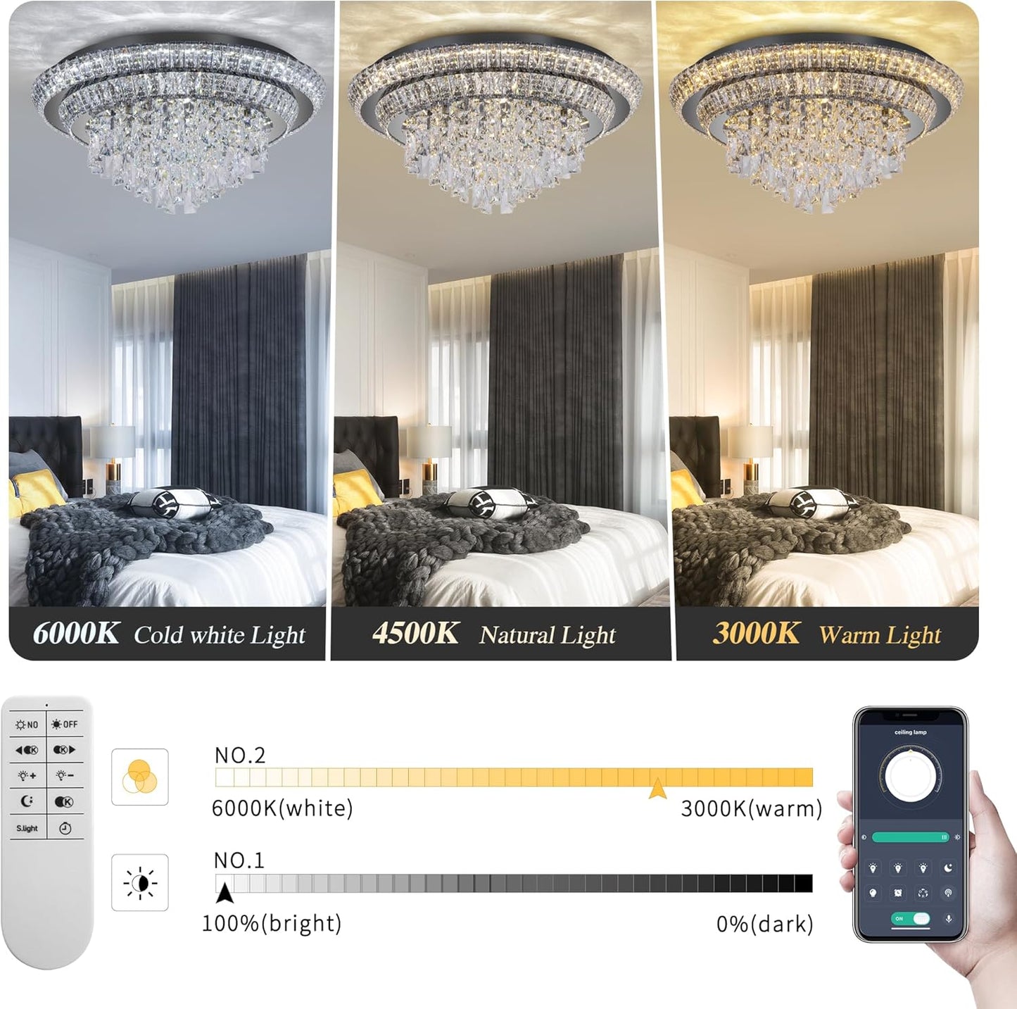 24 inch Crystal Black Ceiling-Light Flush Mount with Remote and APP Control, 3CCT Dimmable & Brightness Adjustable, Modern Crystal Raindrop Chandeliers for Bedroom Hallway Dinning Room Living Room