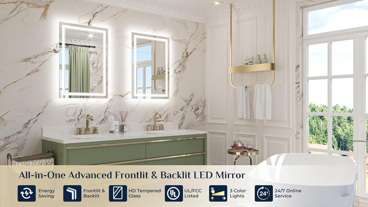 Keonjinn 22" x 32" Lighted Mirrors for Bathroom Wall, Frontlit & Backlit LED Bathroom Mirror, Tempered Glass, 3 Color Lights, Dimmabled, UL-Listed LED Driver, Anti-Fog, Smart Bathroom Vanity Mirror