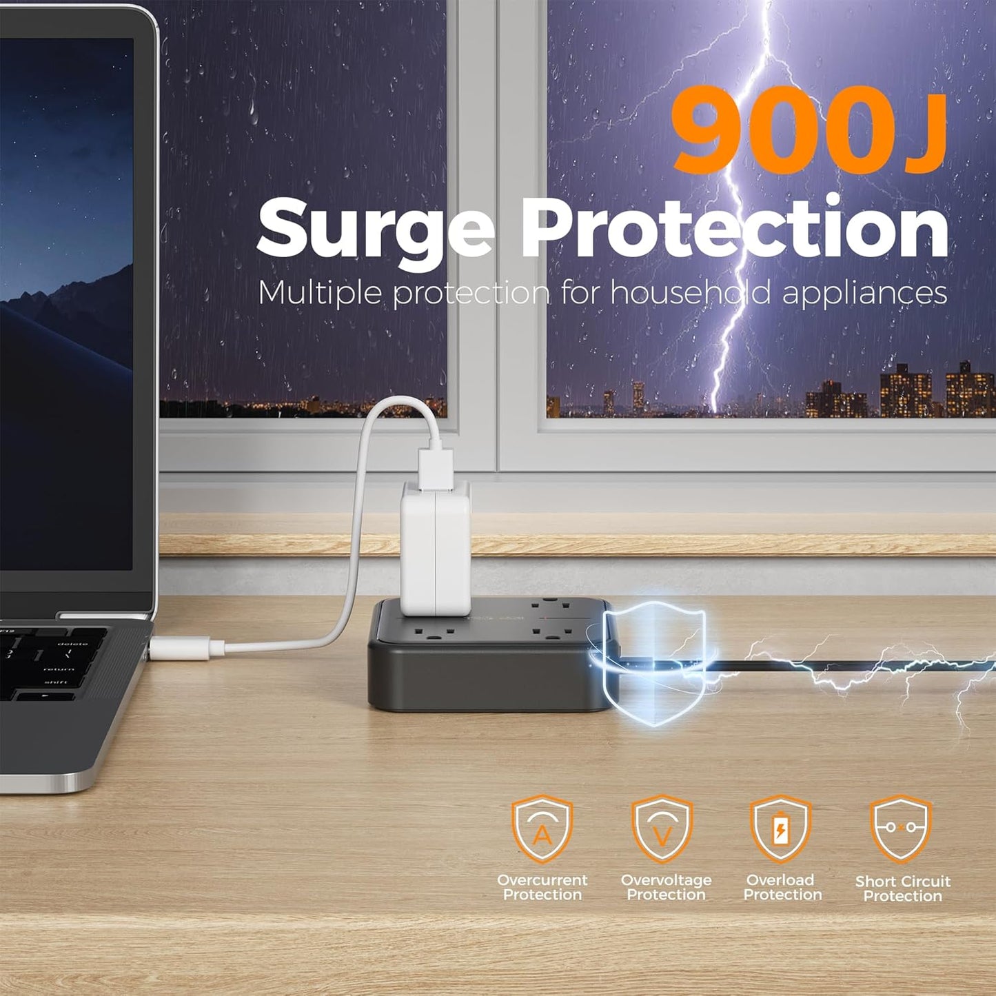 Surge Protector Flat Extension Cord 15FT, TESSAN Flat Plug Power Strip with 4 Outlets 3 USB C Ports (1 USB C), 900 Joules Protection, Multiple Wall Outlet Extender Suitable for Home Office Dorm, Black