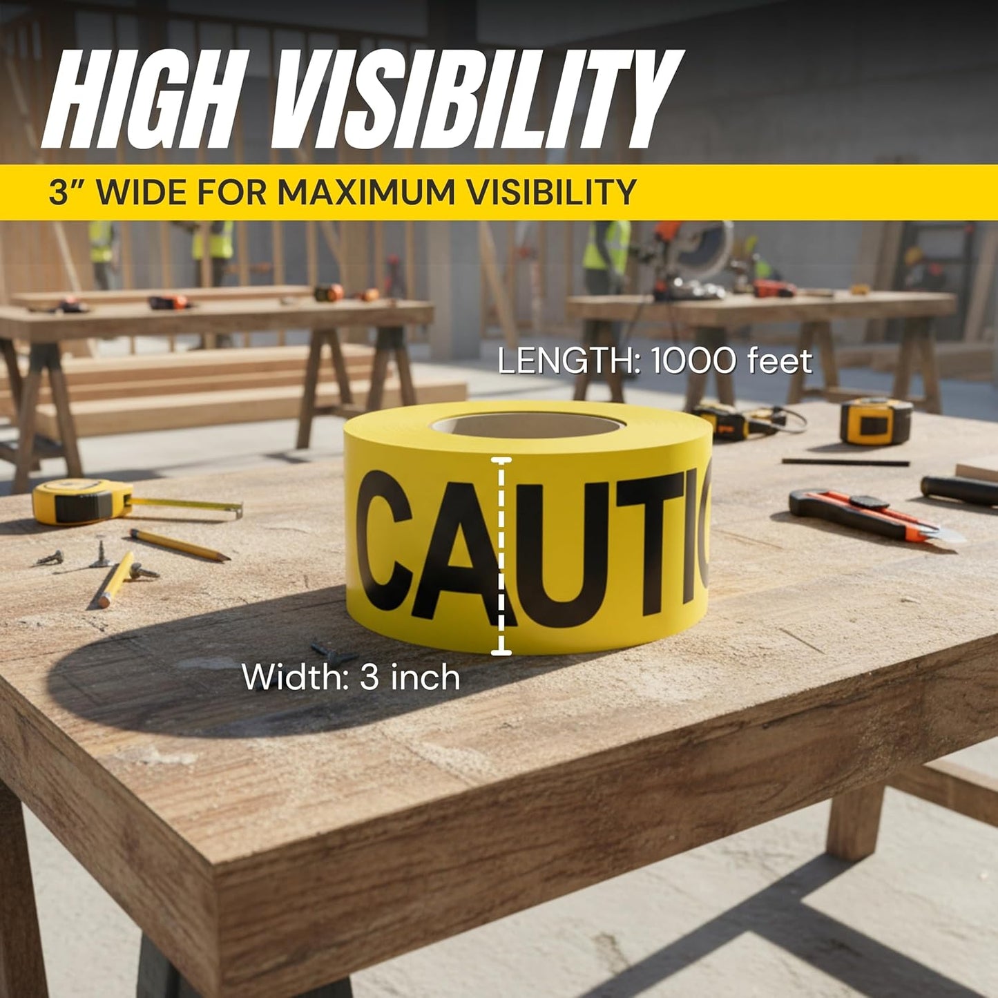 Tapix Premium Yellow Caution Tape 3 inch x 1000 feet, Bright Yellow w/Bold Black Text, 3" Wide for Maximum Readability, Strongest & Thickest Tape for Danger/Hazardous Areas