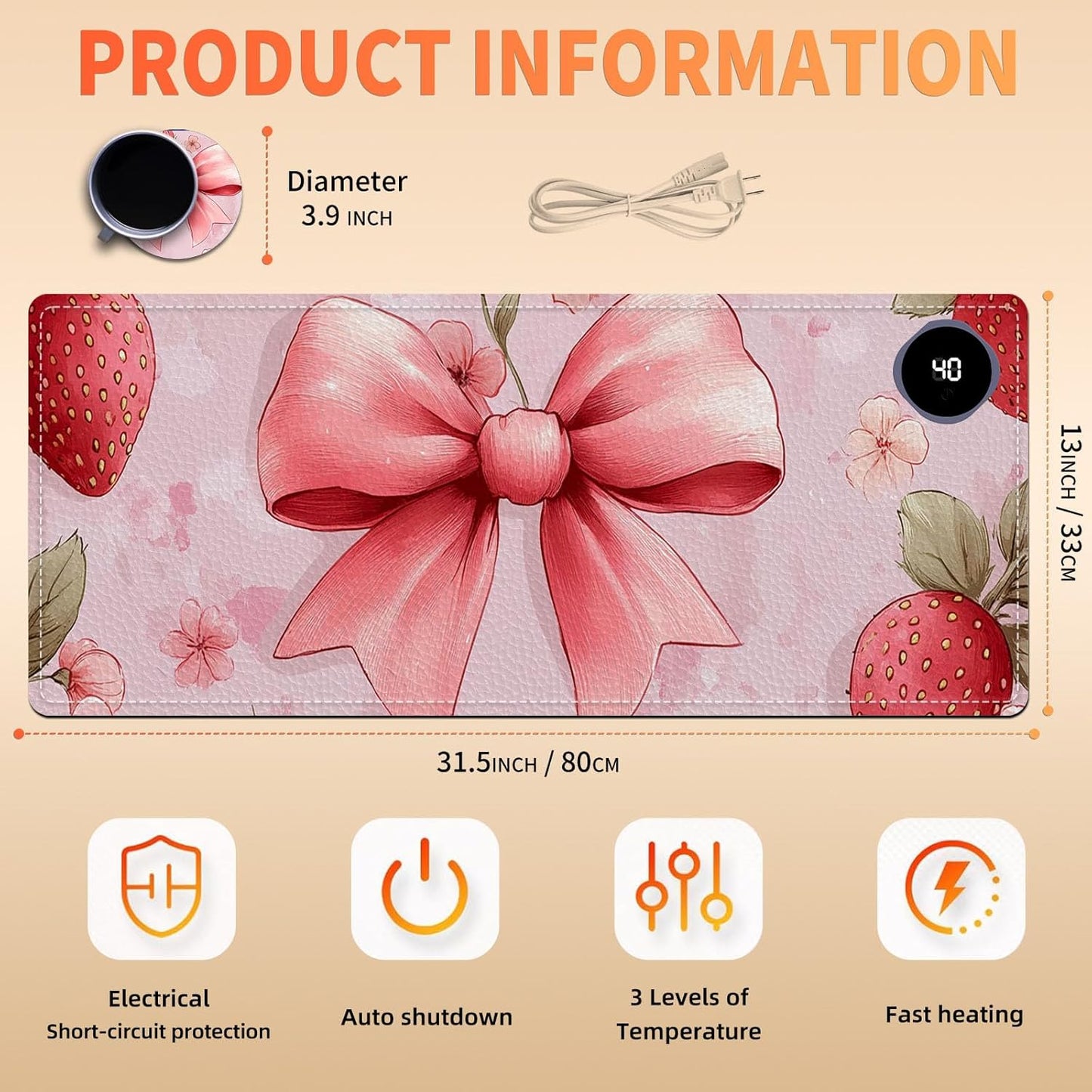 Heated Mouse Pad 31.5x13 in 3-Temp Fast Heating Desk Mat with Auto Timer Warmer for Hands Wrist Pain Relief Waterproof Keyboard Mat for Office, Gaming, Home, Pink Bow Floral