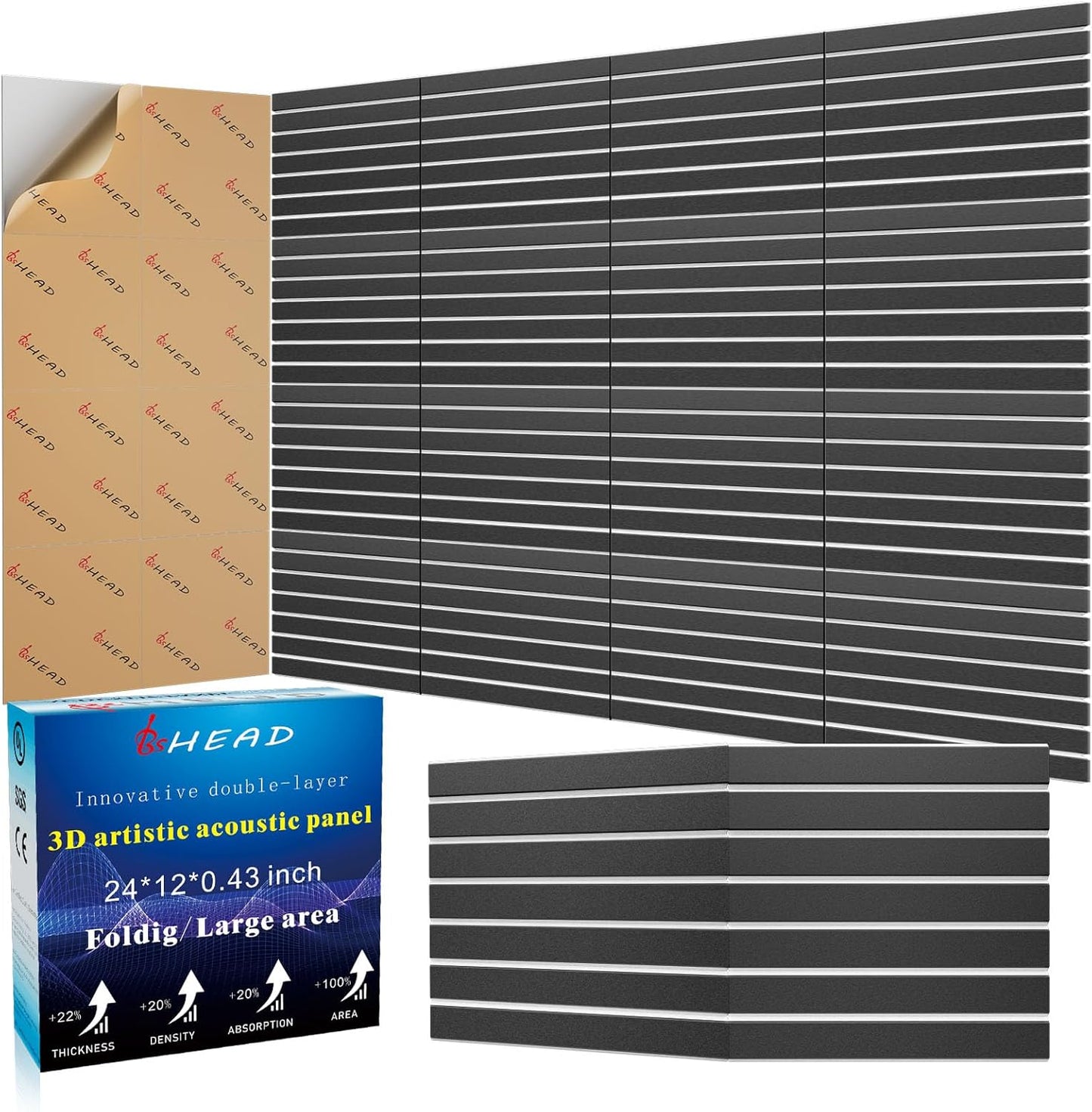 16 Pack 2-Layer Fold Soundproof Wall Panels, 12 x 12 x 0.43 in Large Sound Proof Foam Panels for Walls, 0.9lb/ft³ High Density, 3D Acoustic Panels,Artistic Noise Dampening Panels Black&White