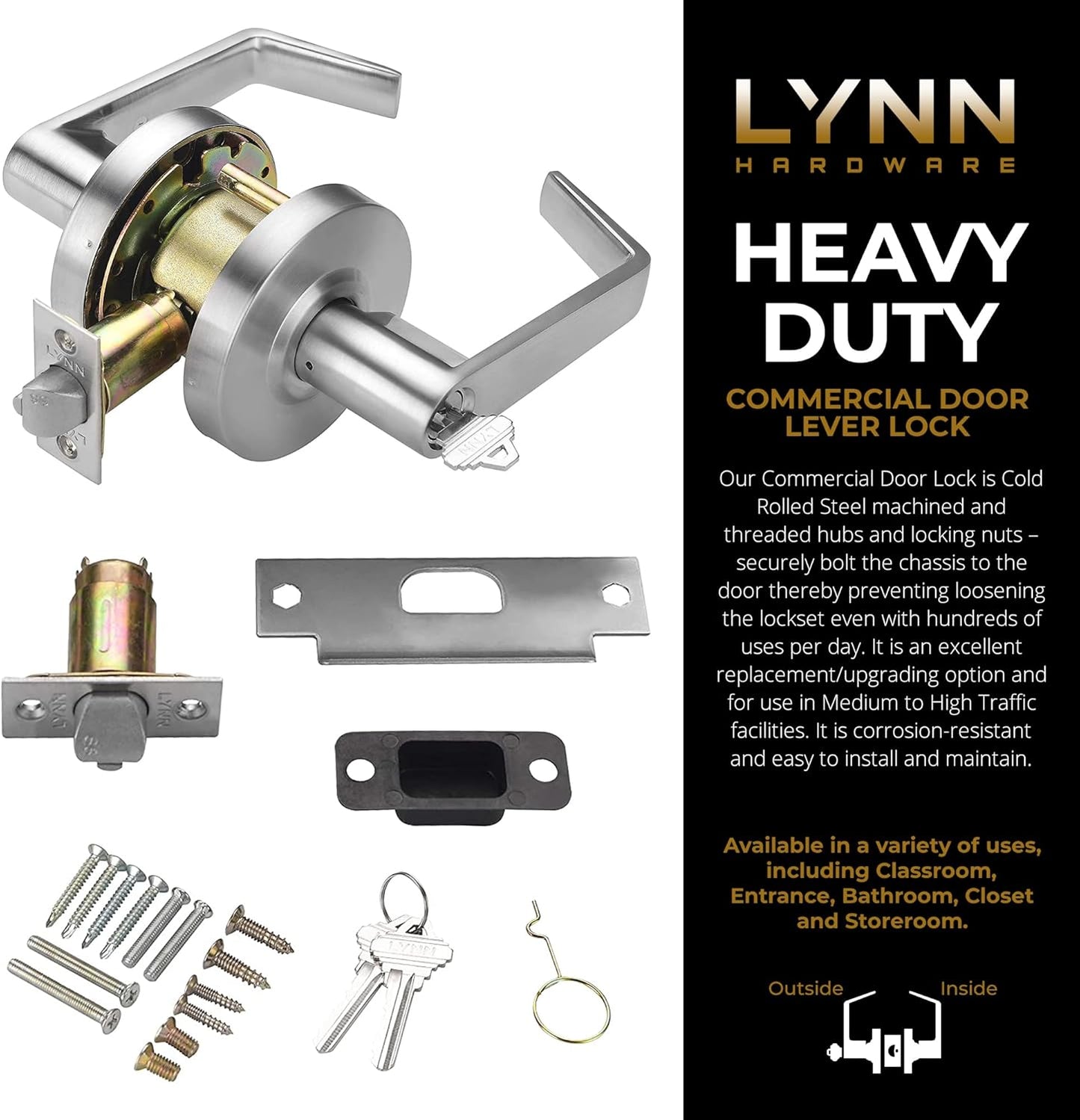 LYNN HARDWARE Commercial Door Lever Lock - Heavy-Duty Locking Door Handle, Designer Door Handles, Cylindrical Lever Lock, Non-Handed Grade 2 Door Handle, Satin Chrome, Storeroom Function