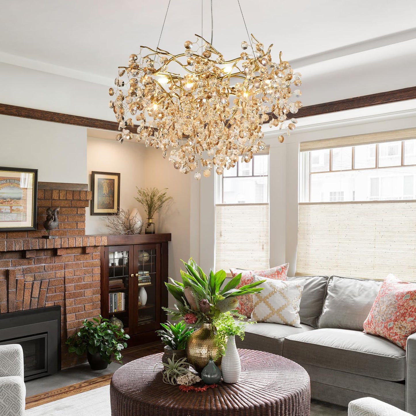 Crystal Gold Chandelier Modern Round Ceiling Pendant Light Fixture Tree Branch Chandeliers for Living Room Dining Room Kitchen Bedroom Hotel