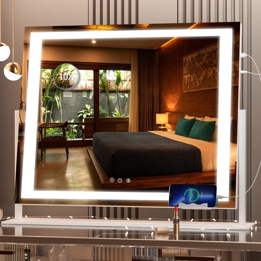Hasipu Vanity Mirror with Lights, 24.2" x 19.7" LED Makeup Mirror, Light up Mirror with 10X Magnification and USB, Phone Holder, Smart Touch 3 Colors Dimmable, 360° Rotation (Right Angle White)