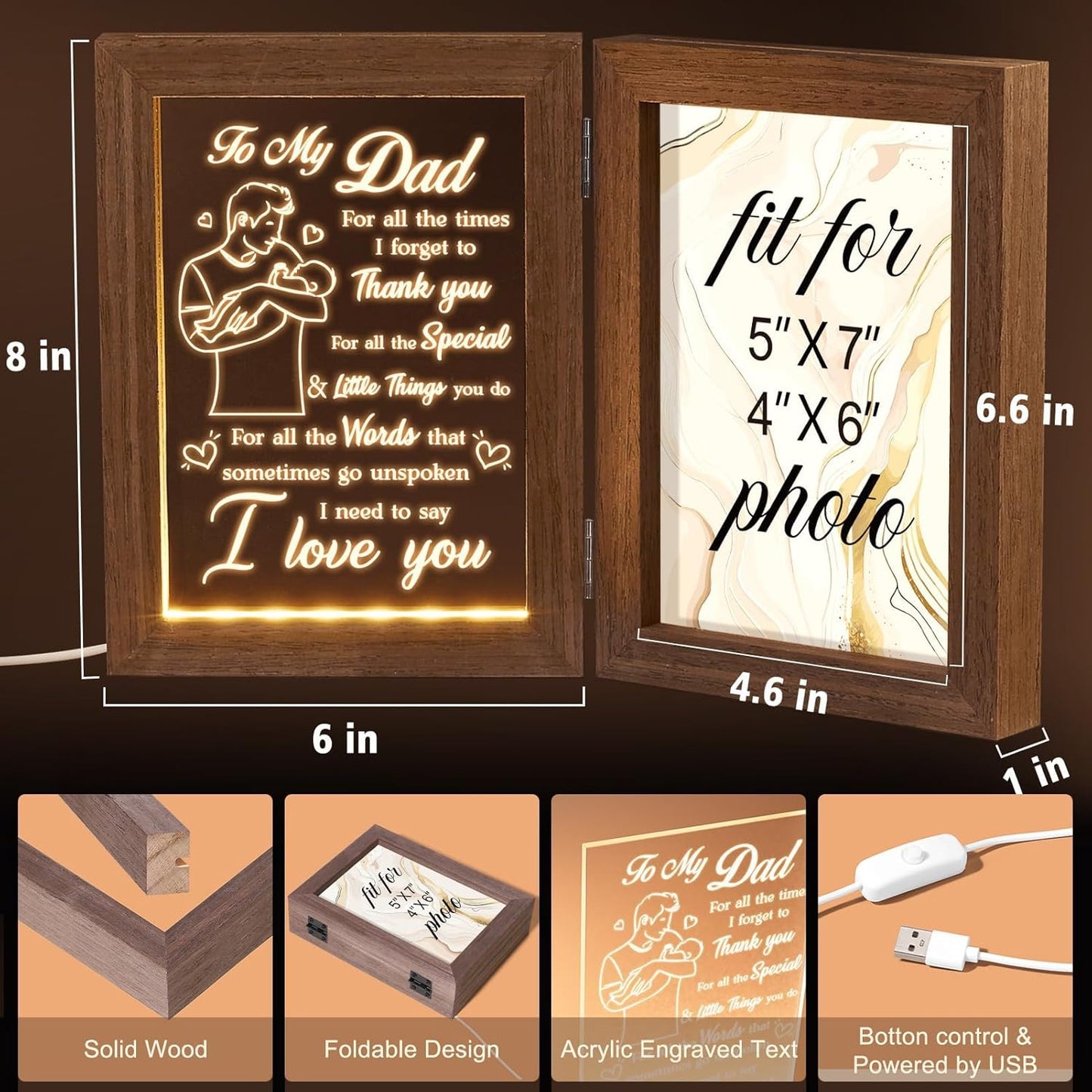 Tiblue Christmas Gifts for Dad from Daughter Son Kids Wife, Gifts for Daddy Who Wants Nothing Best Dad Gift - Night Light with Father Picture Frame for 5x7 Photos New Daddy Bonus Step Father Gift