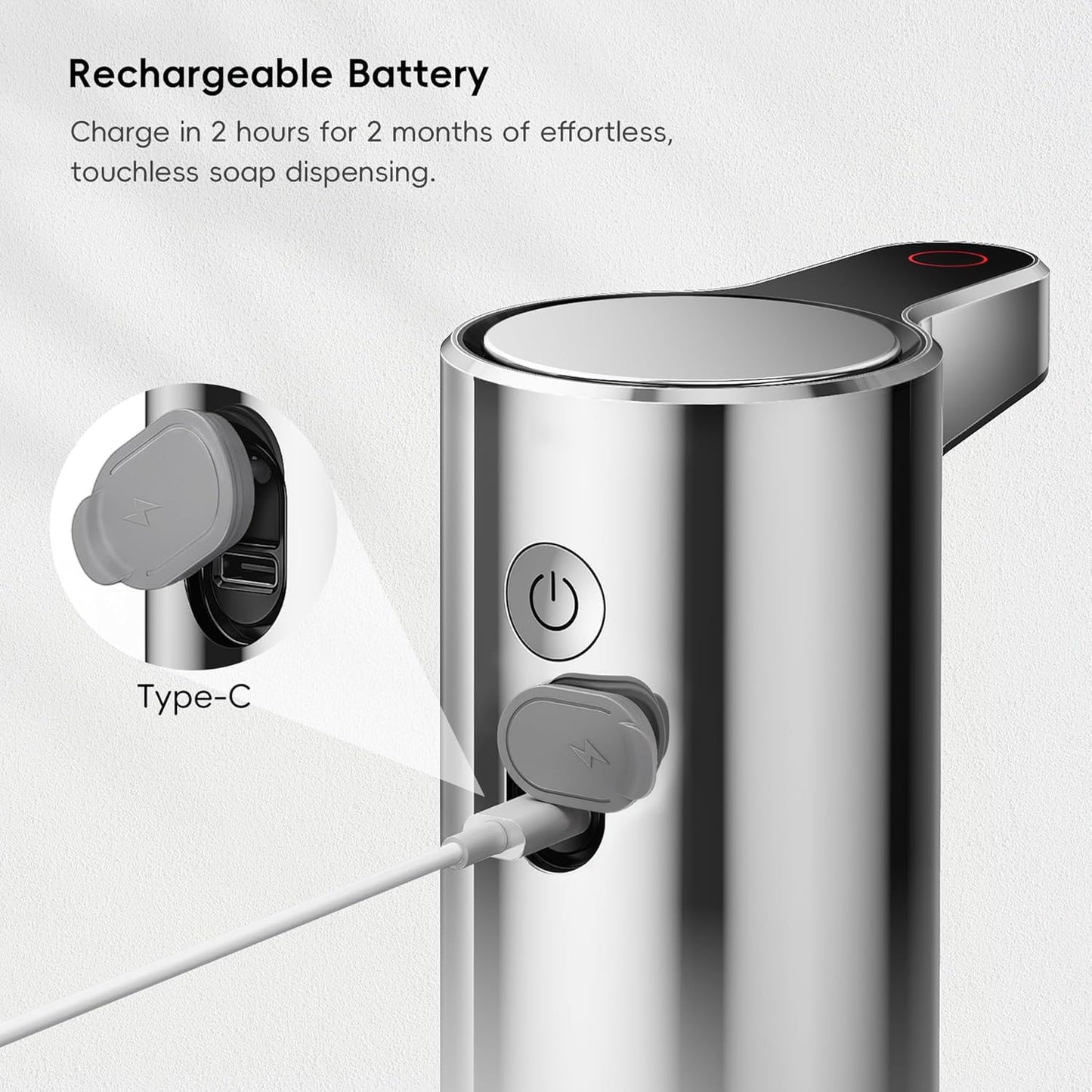EKO Aroma 9 fl oz Automatic Liquid Soap Dispenser, Rechargeable & Water-Resistant for Kitchen and Bathroom with Adjustable Soap Dispensing Volume Control (Chrome Metallic)