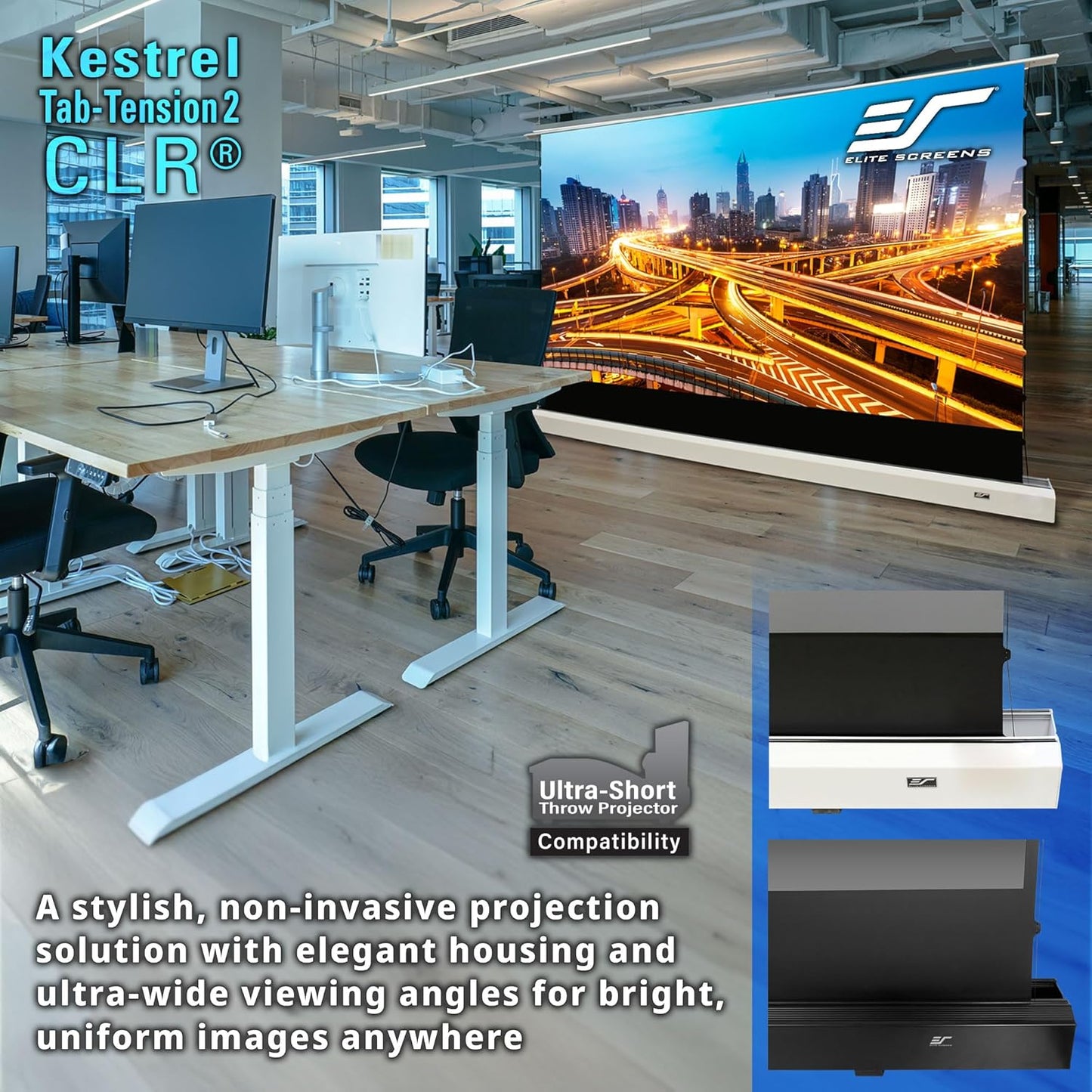 Elite Screens Kestrel Tab-Tension CLR, 101 inch 16:9, Ultra-Short Throw Ceiling Ambient Light Rejecting ALR Electric UST Floor-Rising Projection Motorized Front Projector Screen, FTE101XH3-CLR, White