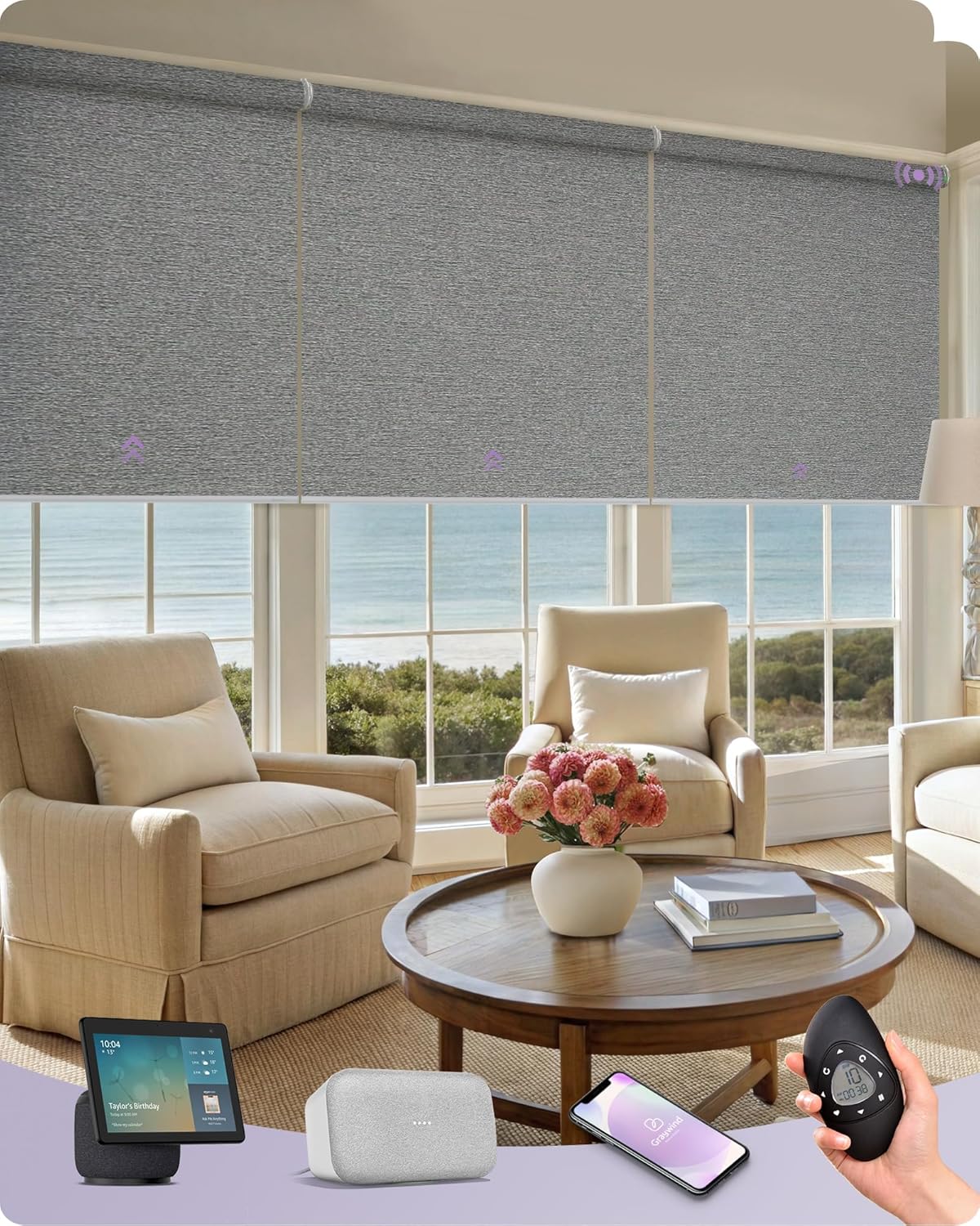 Graywind Smart Coupled Roller Shades Compatible with Alexa Google Custom Size Extra Large Motorized Blinds for Windows(Striped Grey)