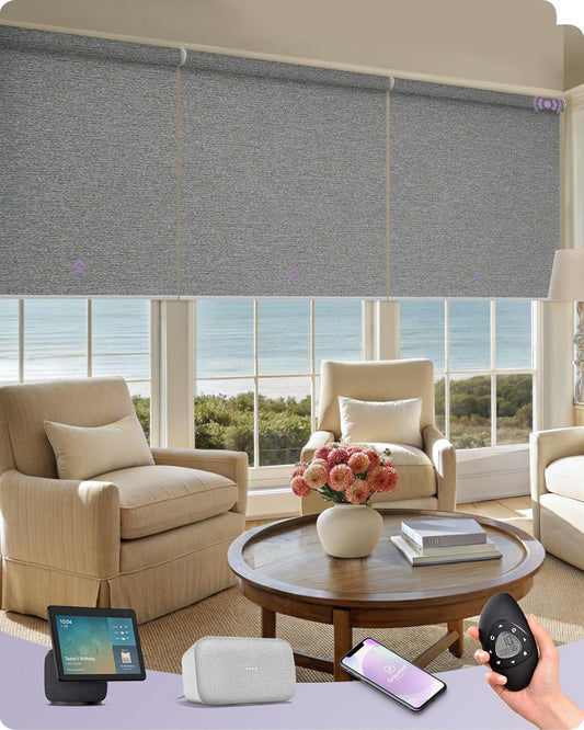 Graywind Smart Coupled Roller Shades Compatible with Alexa Google Custom Size Extra Large Motorized Blinds for Windows(Striped Grey)