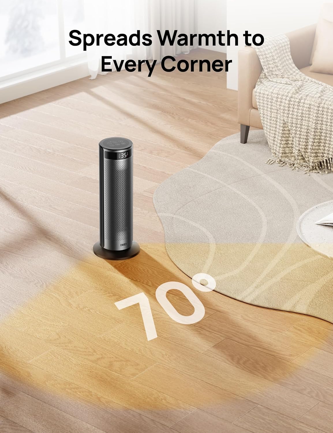 Dreo Space Heater for Large Room, 20 Inch Electric Heaters for Indoor Use, 8 Safe Protection Tower with Dreo FortPlug, 70° Oscillation, PTC Ceramic with Remote, Quiet, 12H Timer, Bedroom, Office