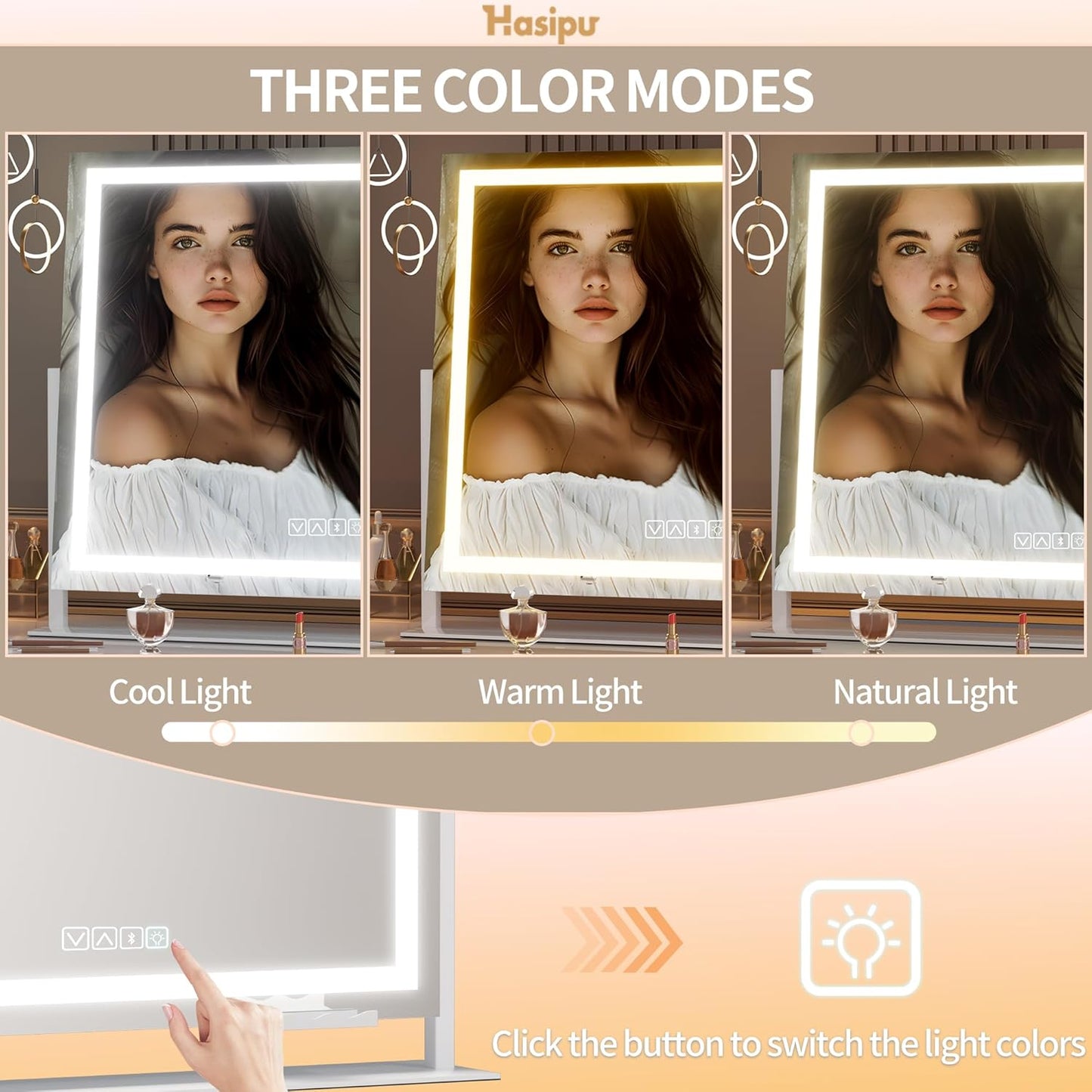 Hasipu Vanity Mirror with Lights and Bluetooth Speaker, 29.5" x 21.3" LED Makeup Mirror, Light up Mirror with 10X Magnification, USB Charging Port, Smart Touch 3 Colors Dimmable (White)