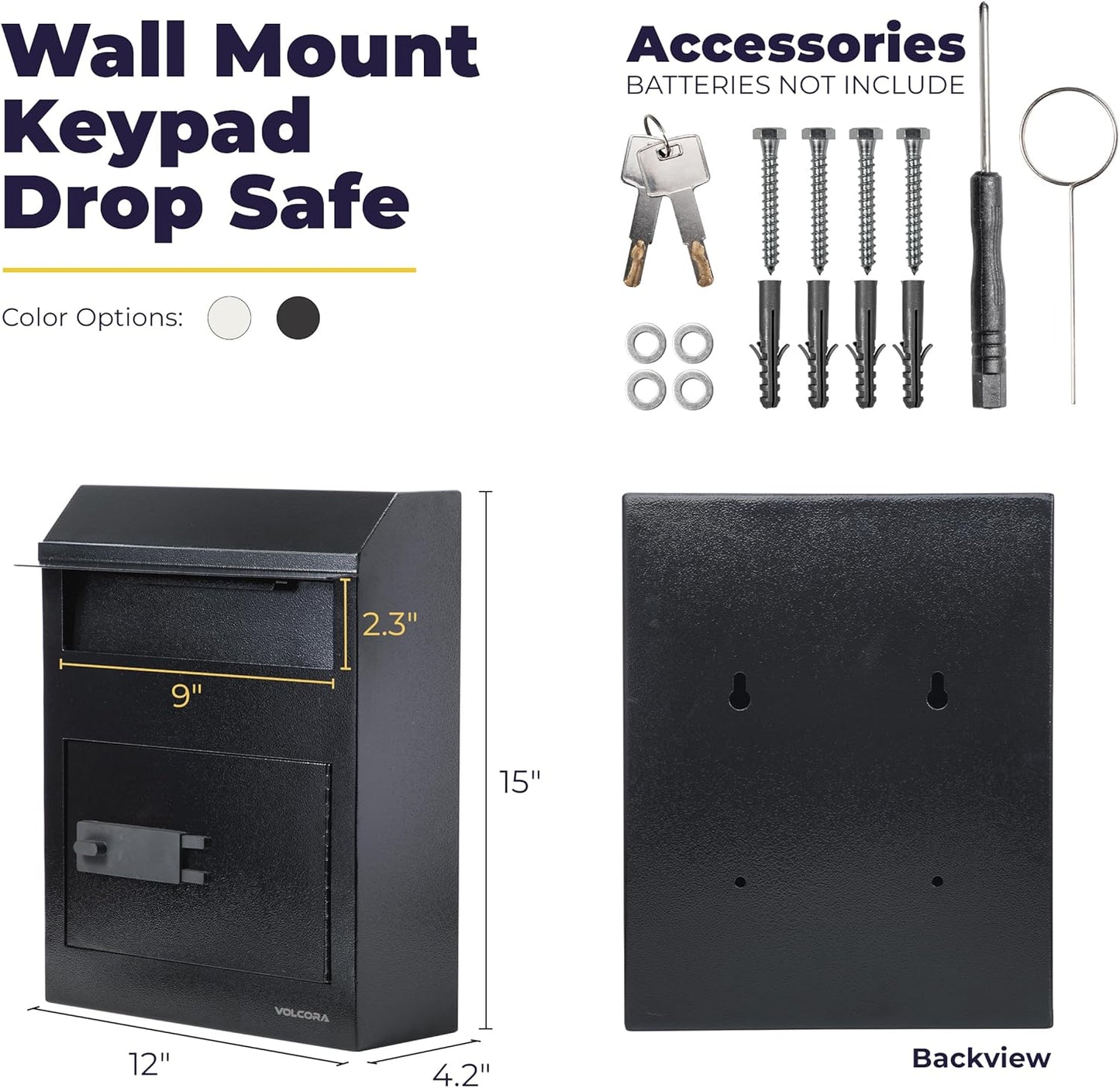 Volcora Key Drop Box with Lock, Drop Slot Depository Safe Box Digital Keypad, Outdoor Waterproof Money Drop Safe for Business, Cash Drop Box, Wall Mount Mailbox, Electronic Programmable Lock, Black