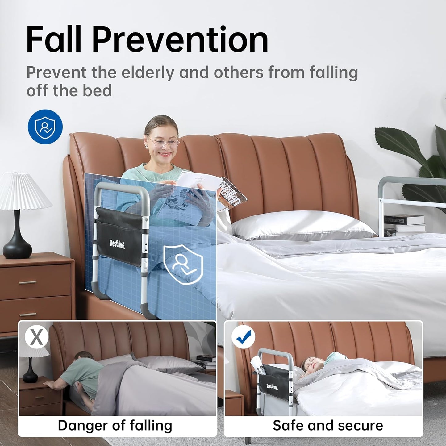 Dual Bed Side Hand Rail, Bed Assist Rail Adjustable Medical Hospital Assistive Devices Bed Rails for Elderly Adults, Fits Queen, Full & Twin Beds