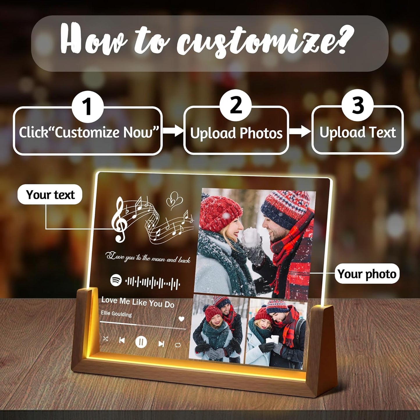 Personalized Couple Gifts For Boyfriend Girlfriend Him Her Husband Wife, Custom Acrylic Spotify Song Plaque With Photo Name, Light Up Picture Frame Gifts For Women Men Birthday Christmas