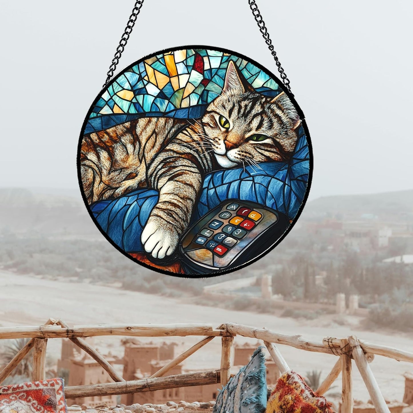 Stained Glass Window Hanging Gray Cat and Remote Control 6.3" - Suncatcher Door Garden Kitchen Sun Catcher Home Decor Birthday for Lost Pets Mom Men Woman Friend Grandma