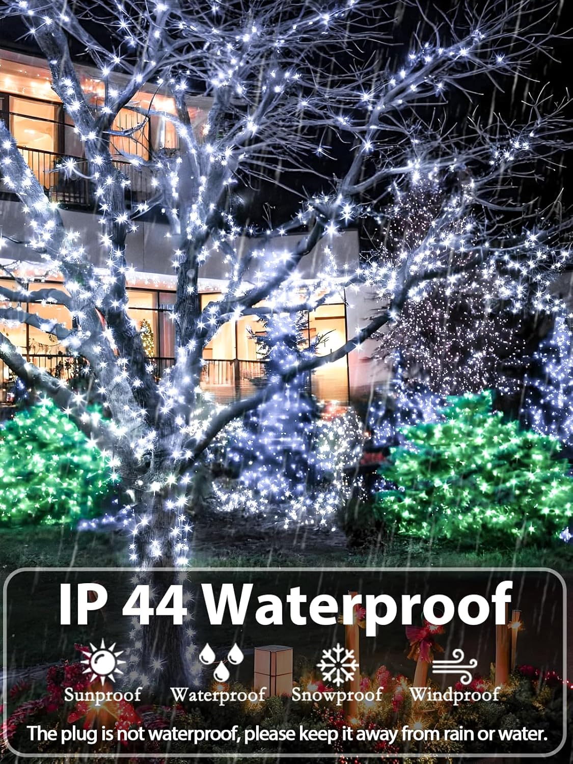 Upgraded 33 FT 100 LED Christmas Lights Outdoor Indoor, Extendable Waterproof White String Lights with Memory Function & Timer & 8 Modes Green Wire for Xmas Tree Holiday Party Garden Decor(Cool White)