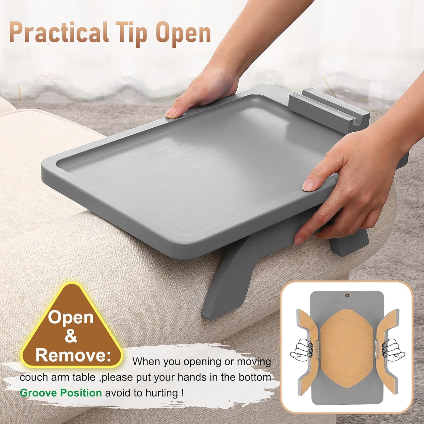 SINWANT Couch Armrest Table,Bamboo Couch Arm Table 360° Phone Holder,Foldable Sofa Arm Tray for Eating Drinking Snacks Remote on Chair Armrest