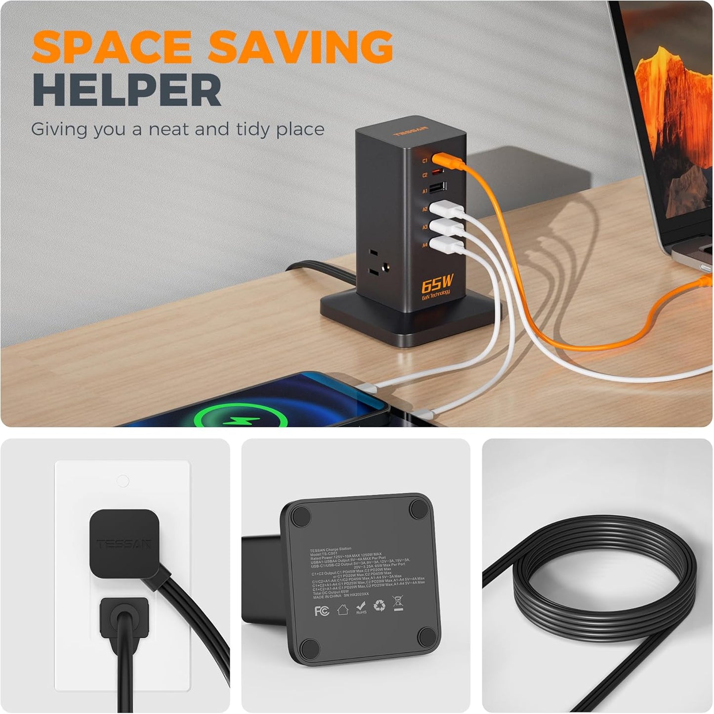 USB Charging Station for Multiple Devices 10Ft Cord, TESSAN 9-in-1 USB C Charger Block PD 65W for iPhone 17/16, MacBook, Tablet, Type C Desktop Charger with 3 AC, Home Travel Office Accessories