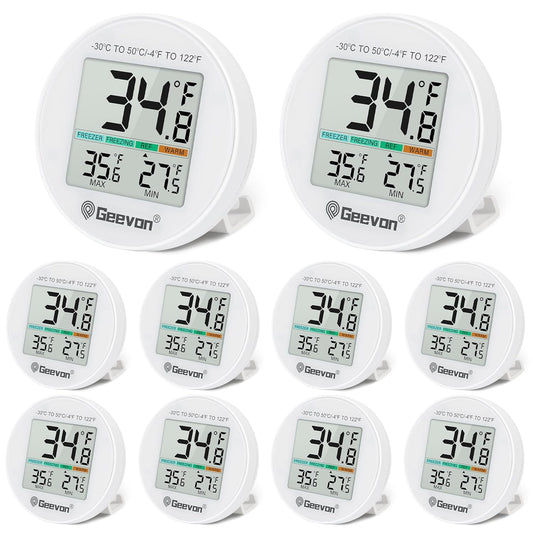 Geevon Small Digital Refrigerator Thermometer 10 Pack, IP65 Waterproof Commercial and Home Use, Max/Min Record Function with LCD Screen, Stand and Magnetic Back, for Fridge, Freezer Scenarios
