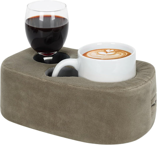 G GOOD GAIN Couch Cup Holder Pillow - Sofa & Bed Organizer Caddy for Drinks, Phones, Remotes, Snacks | Portable Tray for Car, Boat, RV, Picnic,Lightbrown