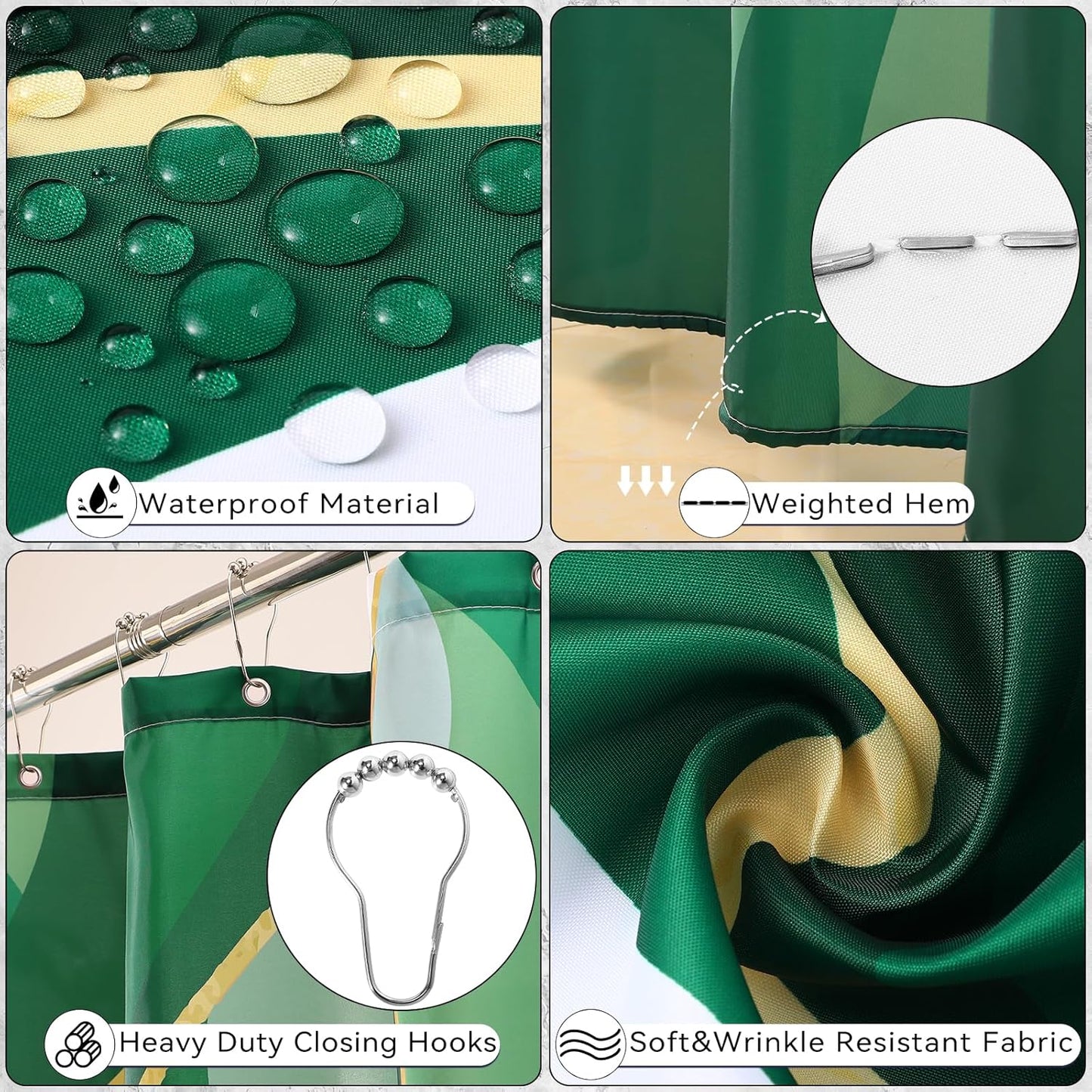 Green Bathroom Set, Bathroom Sets with Stripe Shower Curtain, Green and Gold Bathroom Accessories with Trash Can, Soap Dispenser, Soap Dish, Toilet Brush Holder, Qtip Holders for Bathroom