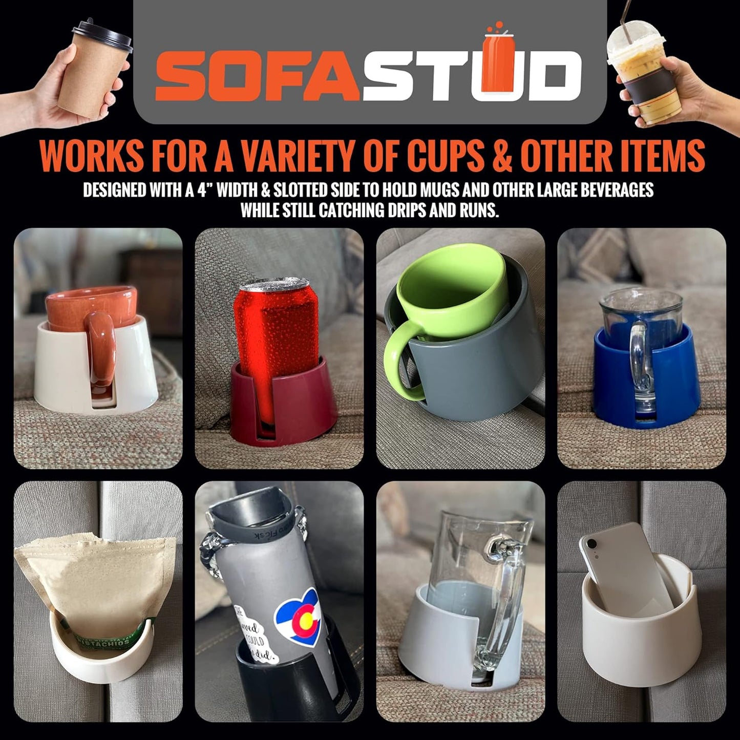 Mugworthy Couch Mug & Cup Holder - Spill Proof, Convenient, Versatile Drink Coaster Molded from BPA Free, Impact Resistant, Durable Plastic that Fits Coffee Mugs, Large Cups, Bottles & More