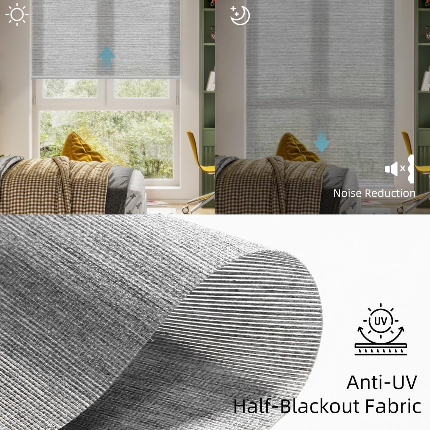 SmartWings Motorized Light Filtering Shades, Work with Homekit, Alexa SmartThings Google, 50% Blackout PVC Free Smart Blinds for Windows, Cordless Window Shades with Remote, Customized, Silver