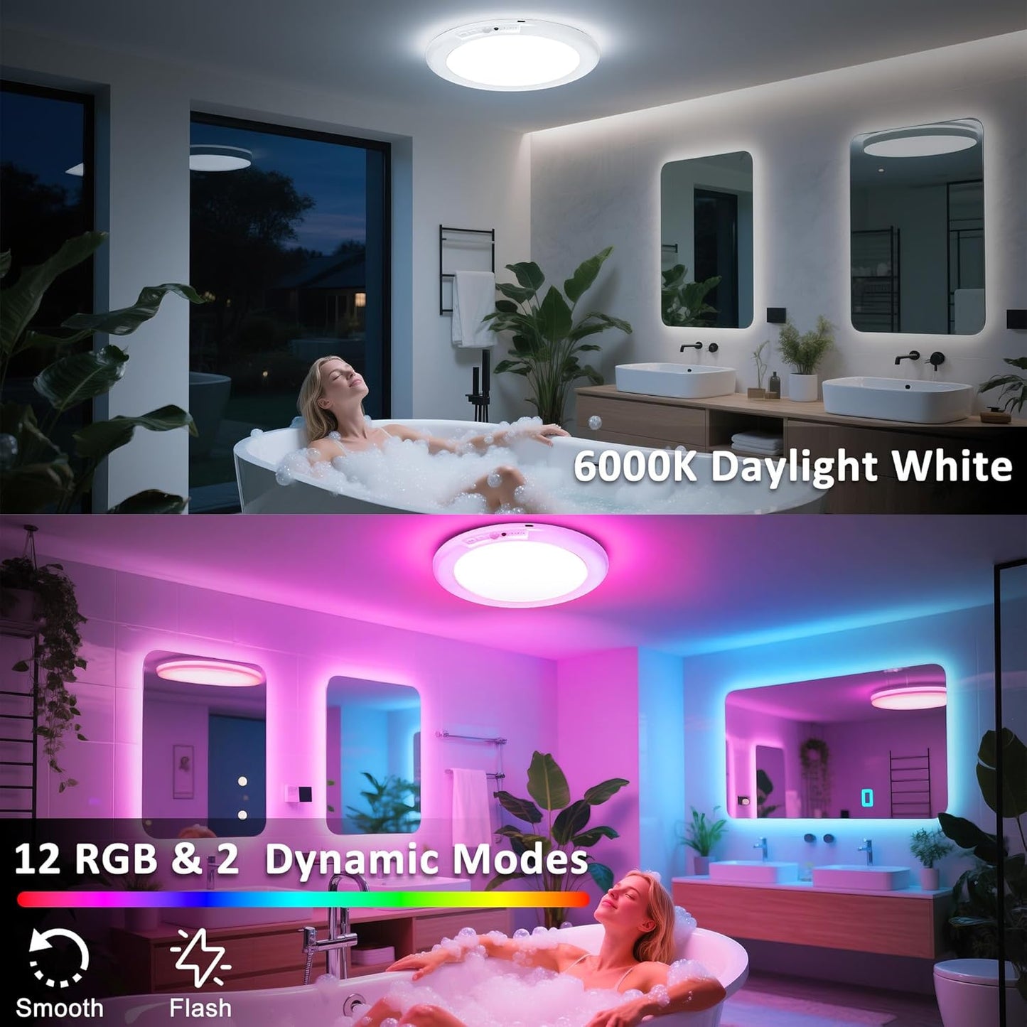 maylit Shower Lights 4 Pack, RGBW Rechargeable Ceiling Light, Waterproof Battery Operated Lamp, Wireless Stick on Inside Motion Sensor Mood LED Lighting for Bathroom No Wiring, Indoor