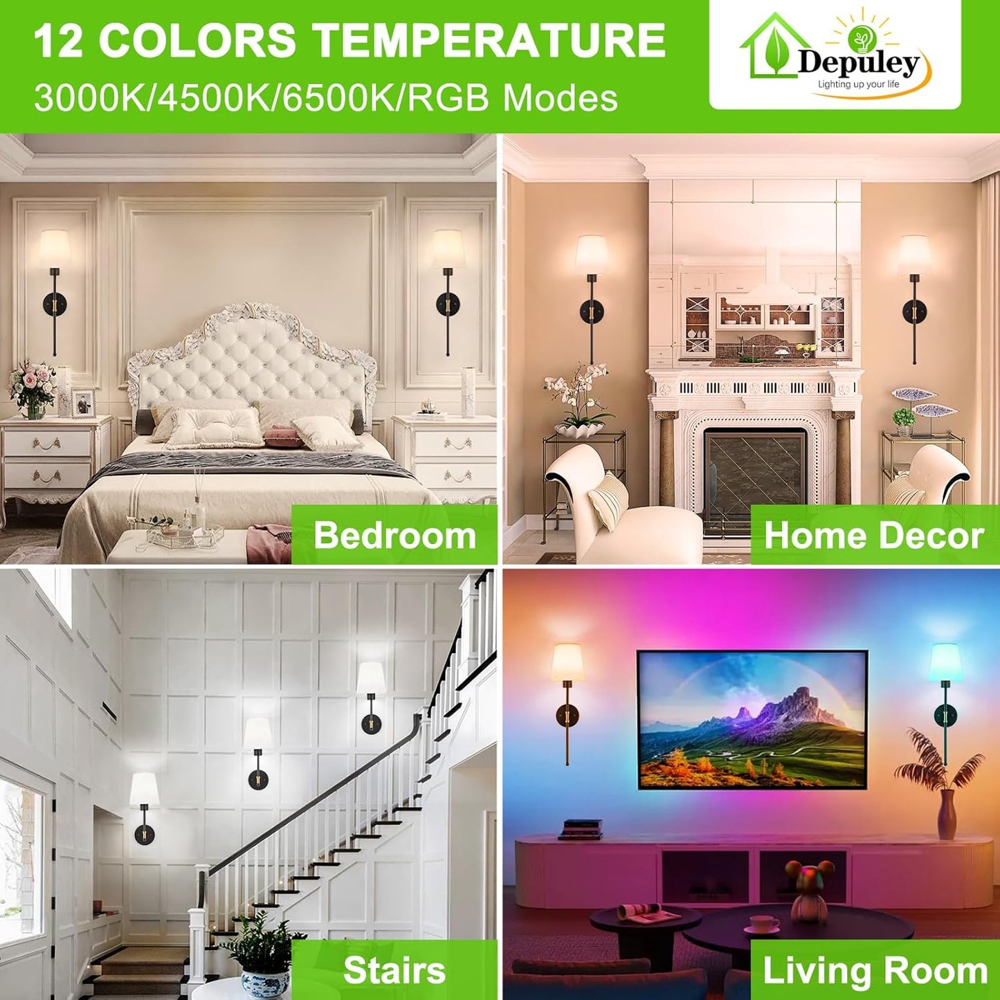 Depuley Battery Operated Wall Sconce: Set of 2 Wireless Wall Lights with Remote for Bedroom - Rechargeable 15 Colors Black and Gold Wall Lamp for Living Room Hallway