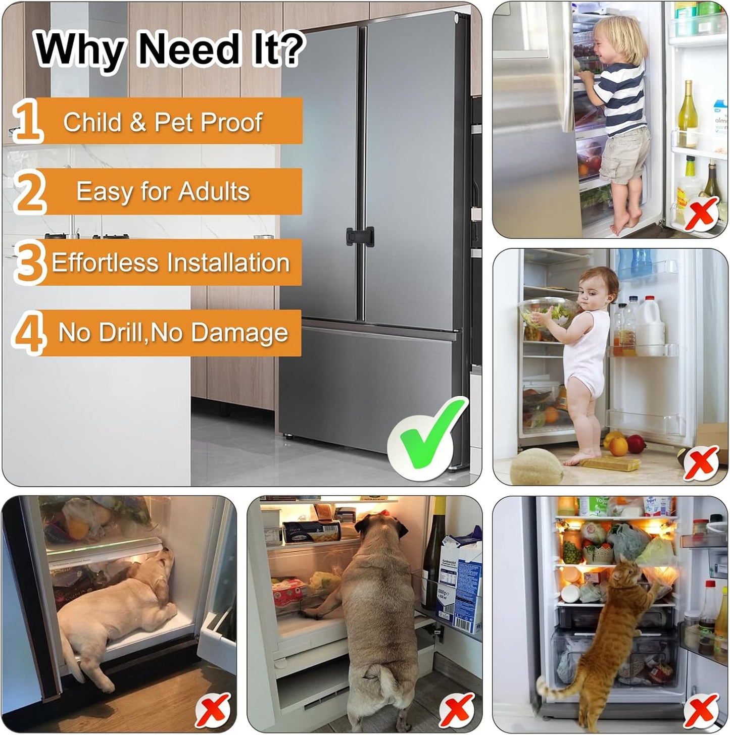 Fridge Locks for Kids, Child Proof Refrigerator Lock, Baby Safety French Fridge Door Lock, Child Cabinet Locks with Strong 3M Adhesive, No Drill, Tool-Free Install (1 Pack, White)