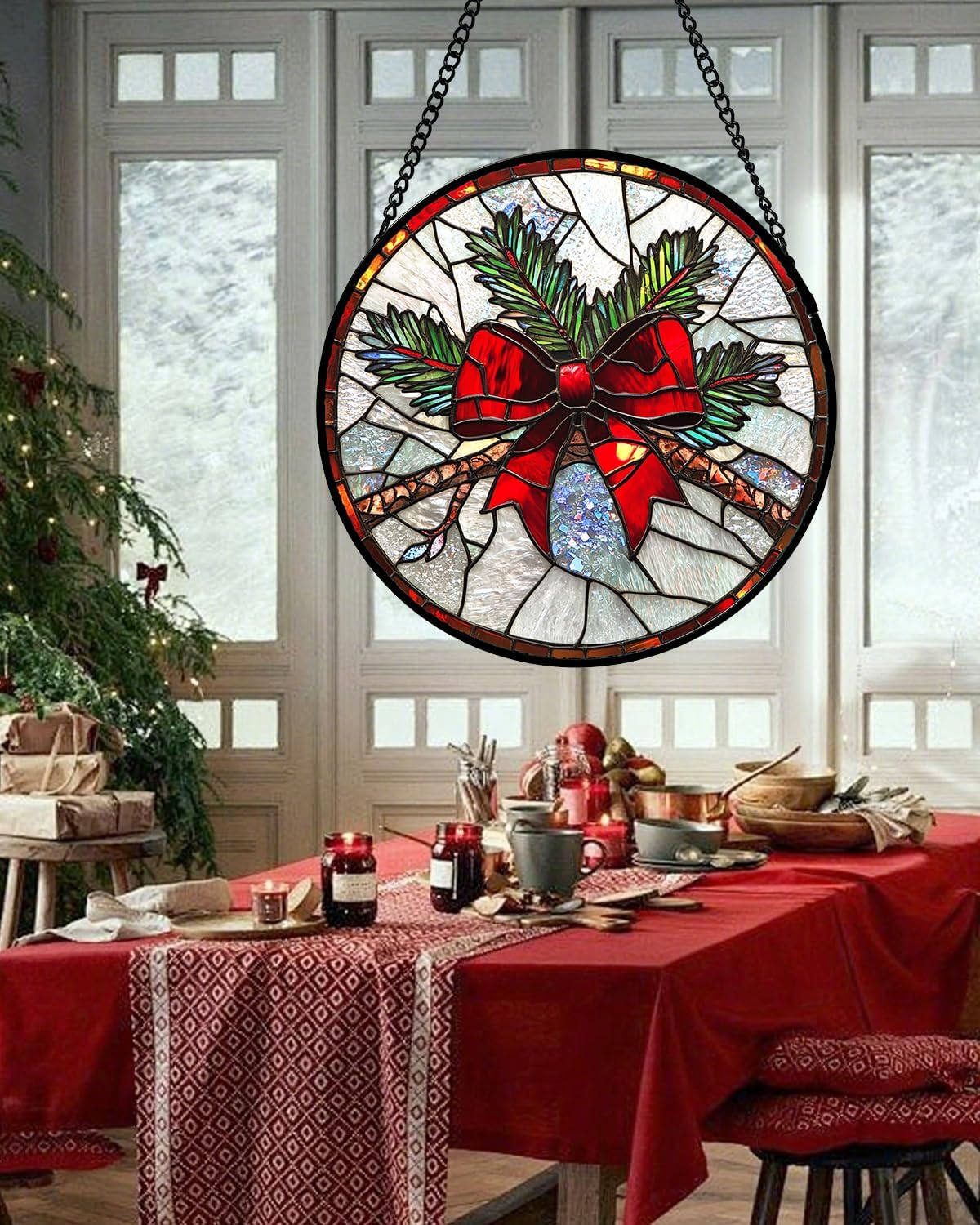 Stained Glass Window Hanging - Pine Branches Red Bow Suncatcher for Doors Home Christmas Decoration Silver Sun Catcher Thanksgiving New Year Birthday Gifts for Women Men Mom Nana 6.3 in