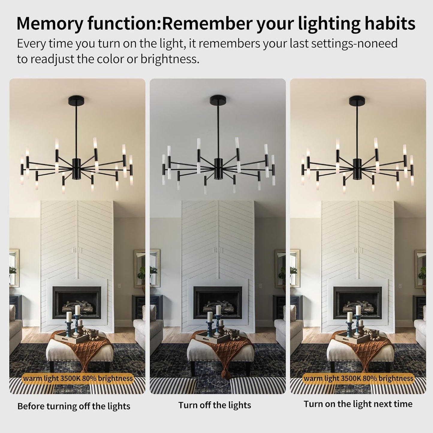 Modern Sputnik Chandelier Mid Century Black Chandeliers for Dining Room Living Room Kitchen Bedroom Support APP Voice Control Dimmable Smart LED Light Fixture(GB1337YY20-BK)