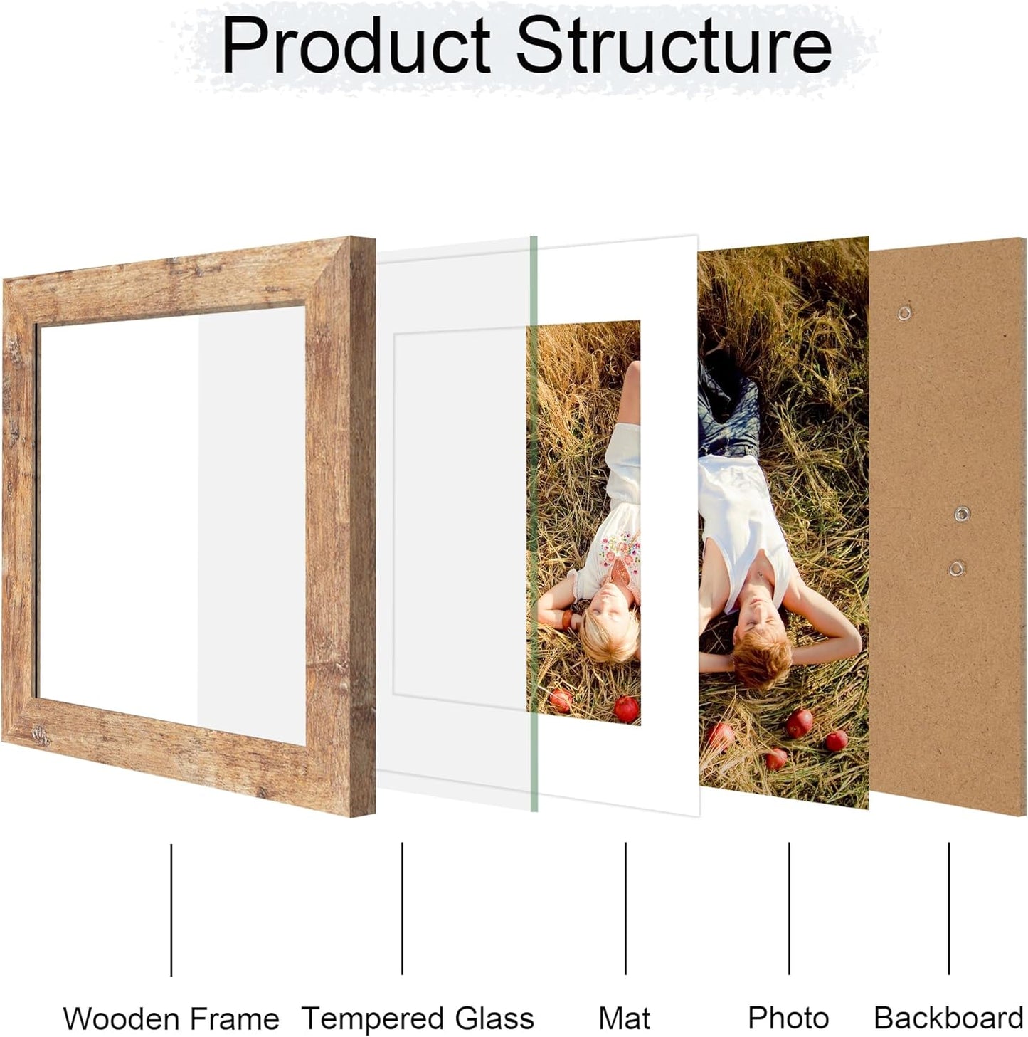 iRahmen 8x8 Picture Frame with HD Tempered Glass, Display Pictures 6x6 with Mat or 8 x 8 Without Mat, Wood Photo Frame for Tabletop and Wall (Rustic Brown, 1 Pack)