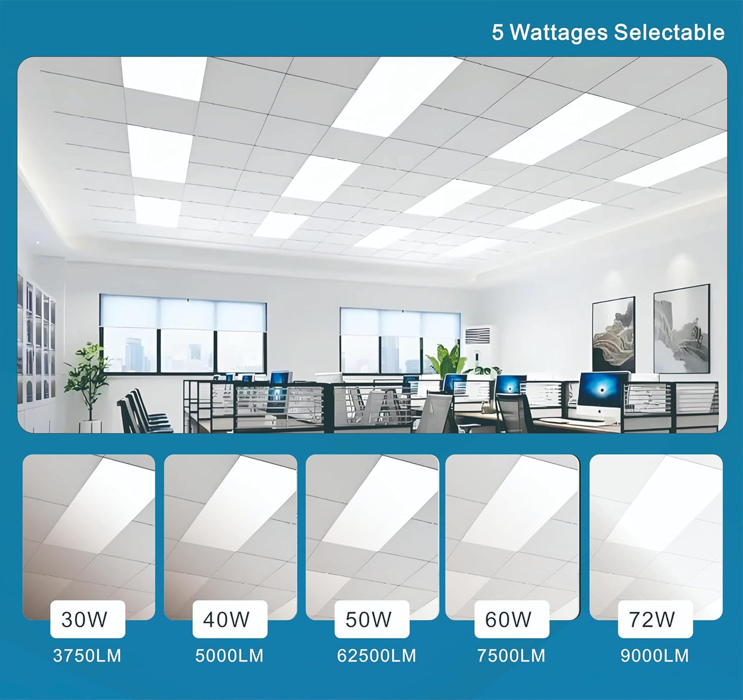 2x4 FT LED Light Flat Panel, 40-72W, 5 CCT 3K | 3.5K | 4K | 5K | 6.5K, Dimmable Recessed Drop Ceiling Lights, 3750/5000/6250/7500/9000 Lumens, Lay in Fixture for Office, 120-277V, UL DLC(54 Pack)