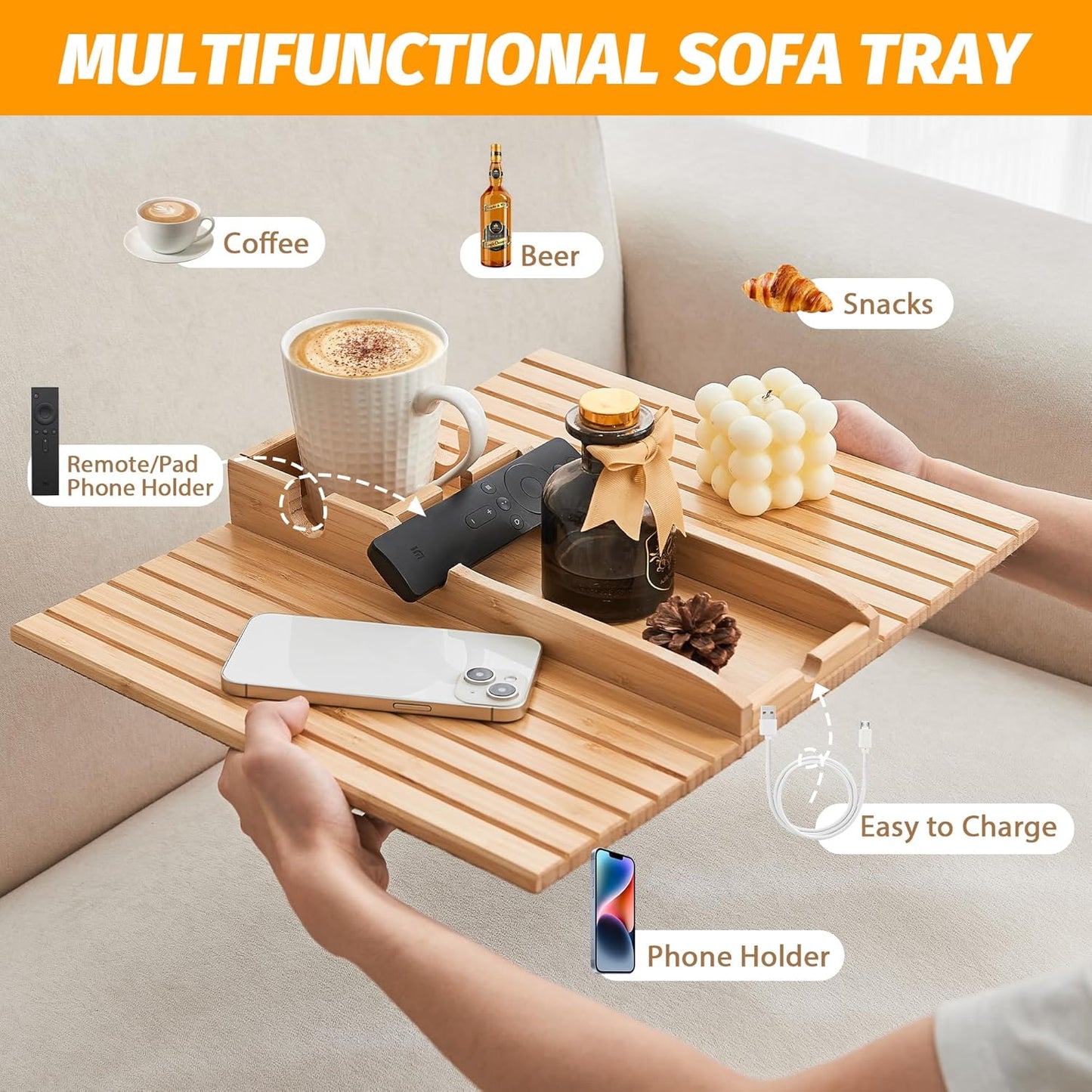 GEHE Bamboo Couch Cup Holder, Anti-Spill Sofa Arm Tray, Natural and Easy to Clean Couch Arm Cup Holder Armrest Tray Perfect for Cups, Beers, Snacks, Remote Control, Drinks
