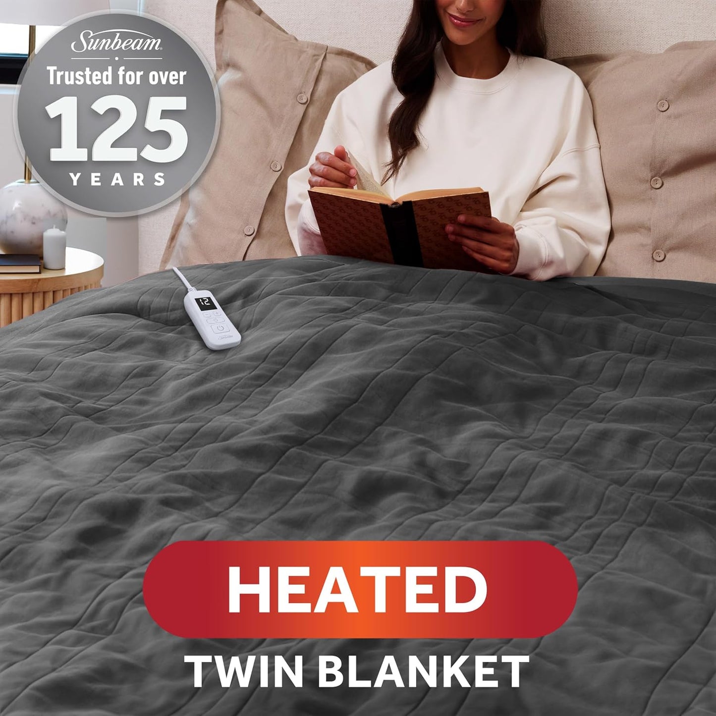 Sunbeam Royal Ultra Fleece Heated Electric Blanket Twin Size, 84" x 62", 12 Heat Settings, 12-Hour Selectable Auto Shut-Off, Fast Heating, Machine Washable, Warm and Cozy, Iron