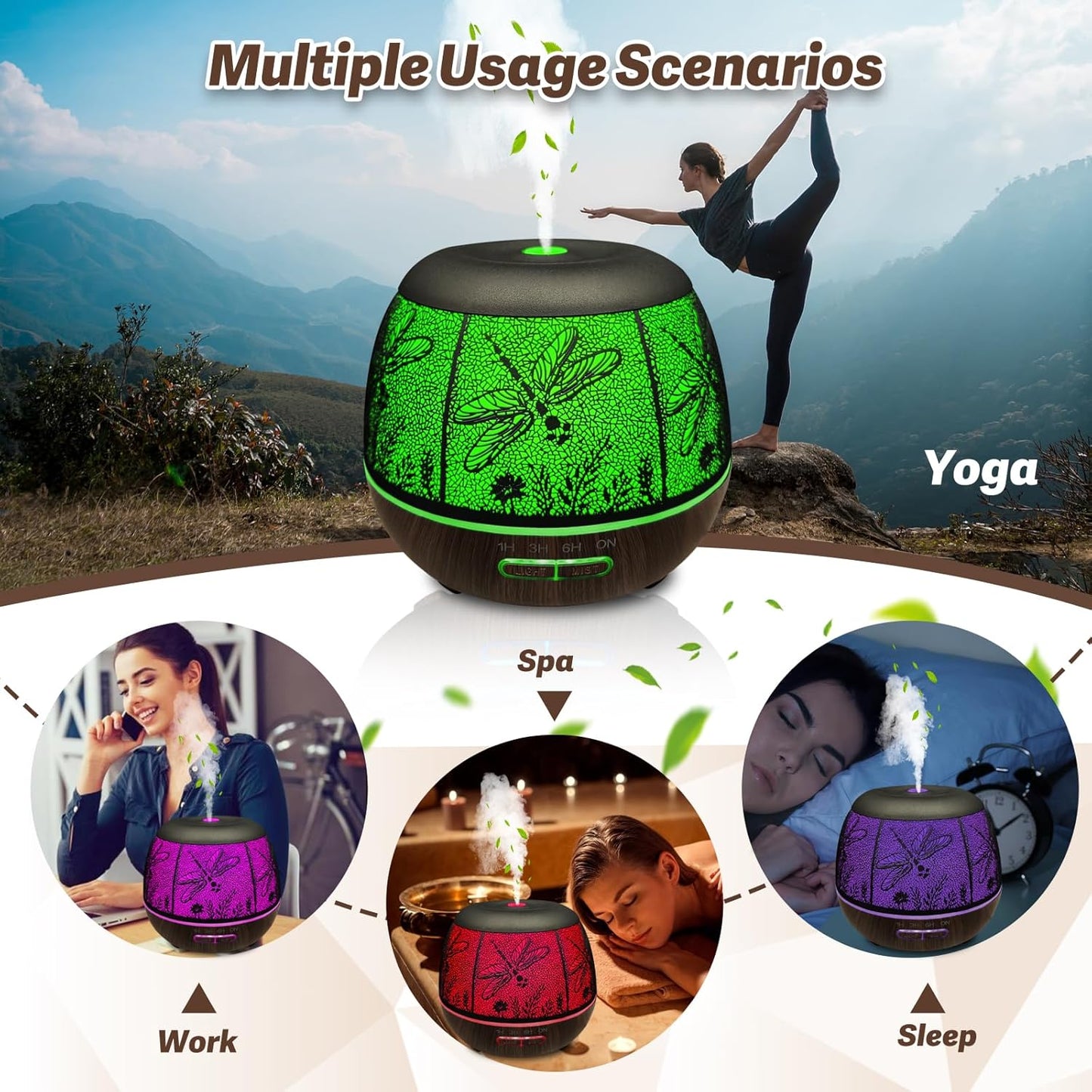 Diffusers for Essential Oils Large Room 400ml,Essential Oil Diffuser for Home with R/C,Cool Mist Humidifiers for Bedroom,7 Colors Changed & 3 Mist Mode Waterless Auto Off for Decor Dragonfly