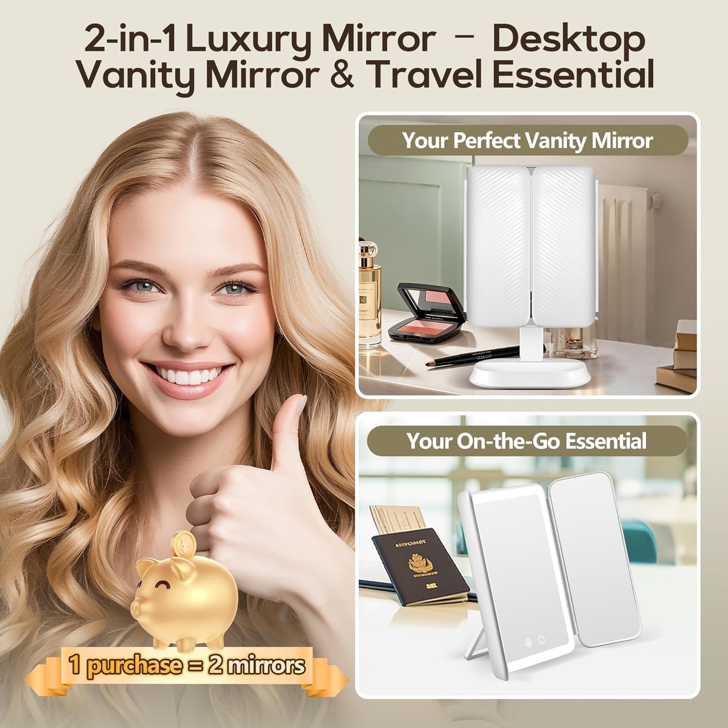 Vanity Mirror with Lights, Lighted Makeup Mirror with 30X/10X/5X Magnification, Rechargeable Trifold Mirror with 3 Color & Adjustable Brightness, Travel Makeup Mirror with Lights for Desk