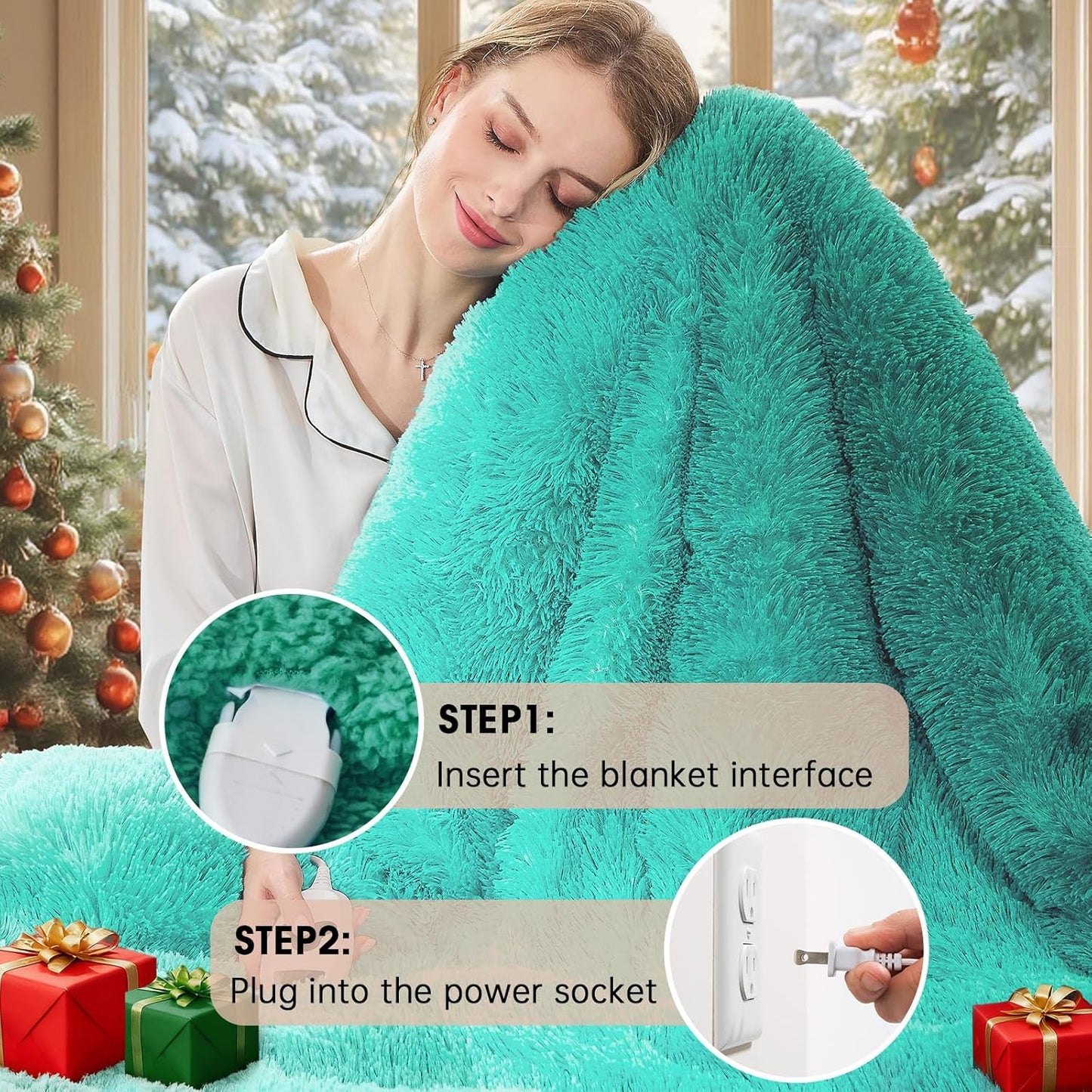 Heated Electric Blanket Throw–Faux Fur with Soft Thick Sherpa,Warm Winter Birthday Gifts for Women Grandma10 Heat Settings,5 Time Settings with Fast Heating, 50x60, Forest Mist