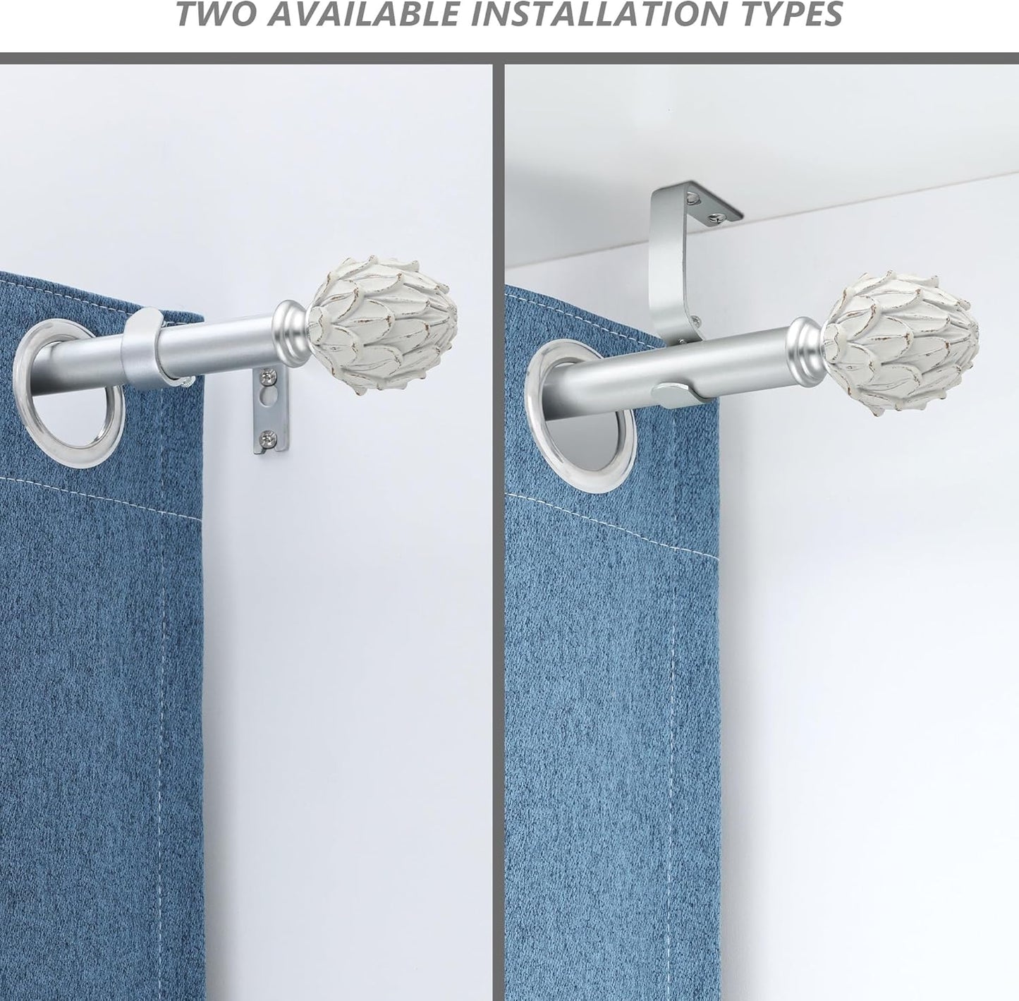 Curtain Rods for Windows 28 to 48 Inches 6/8 Inch Diameter Adjustable Drapery Rods Decorative Single Window Curtain Rods with Classic Finials,Silver