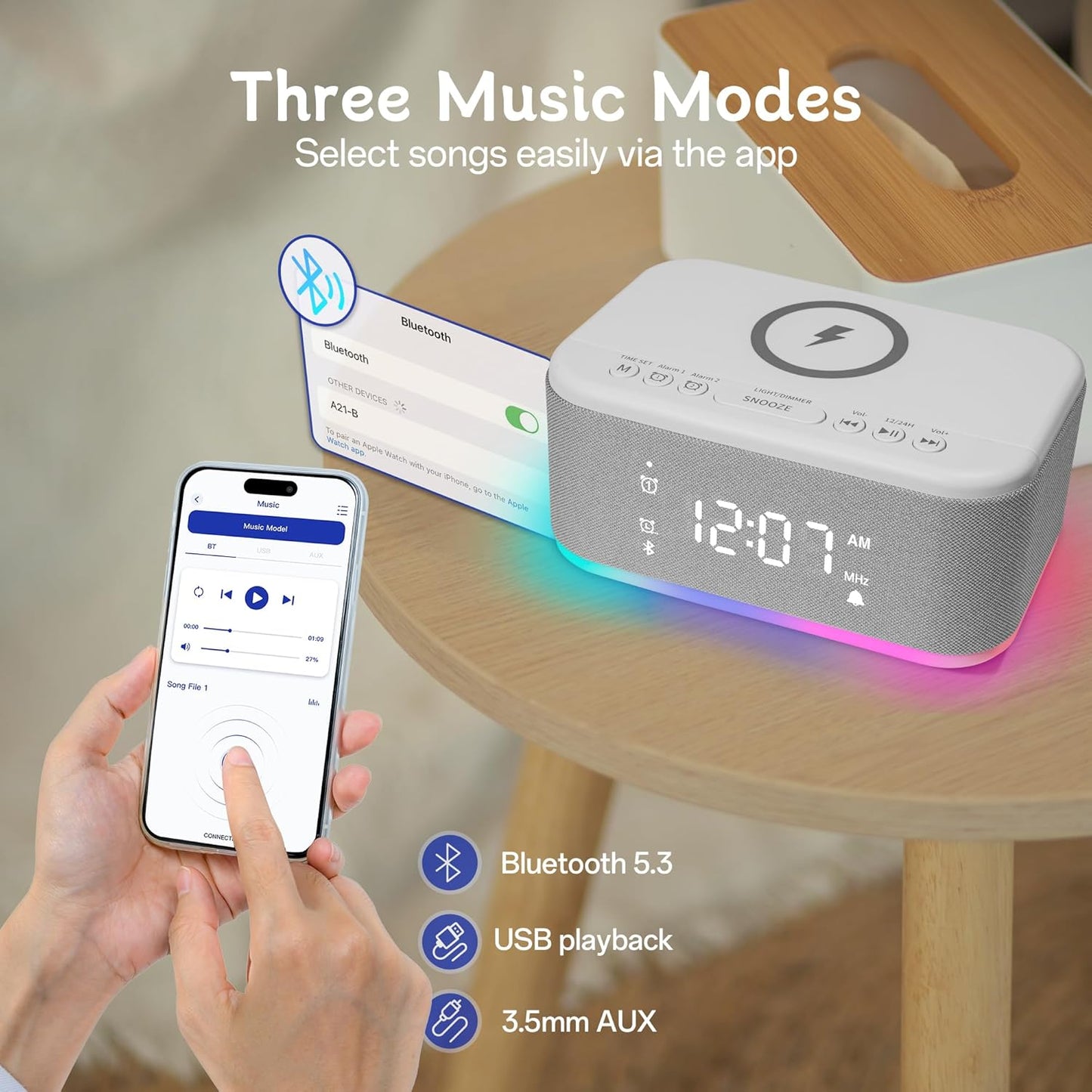 Bluetooth Alarm Clock Radio Bedroom, Digital Dual Alarm Clock Bedroom, Up to 10 Alarms Clock Night Light Speaker App/Button Control FM Charge Snooze Adjustable Volume Dim 12/24H, Grey