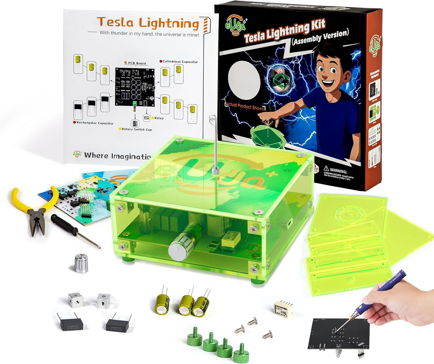 STEM Science Building Kit for Kids–Electronic Tesla Lightning Kit–Easy DIY Science Gadgets & Crafts–Unique Educational Gift Toys for Fun and Learning(Soldering Version)(Rectangular-Fluorescent Green)