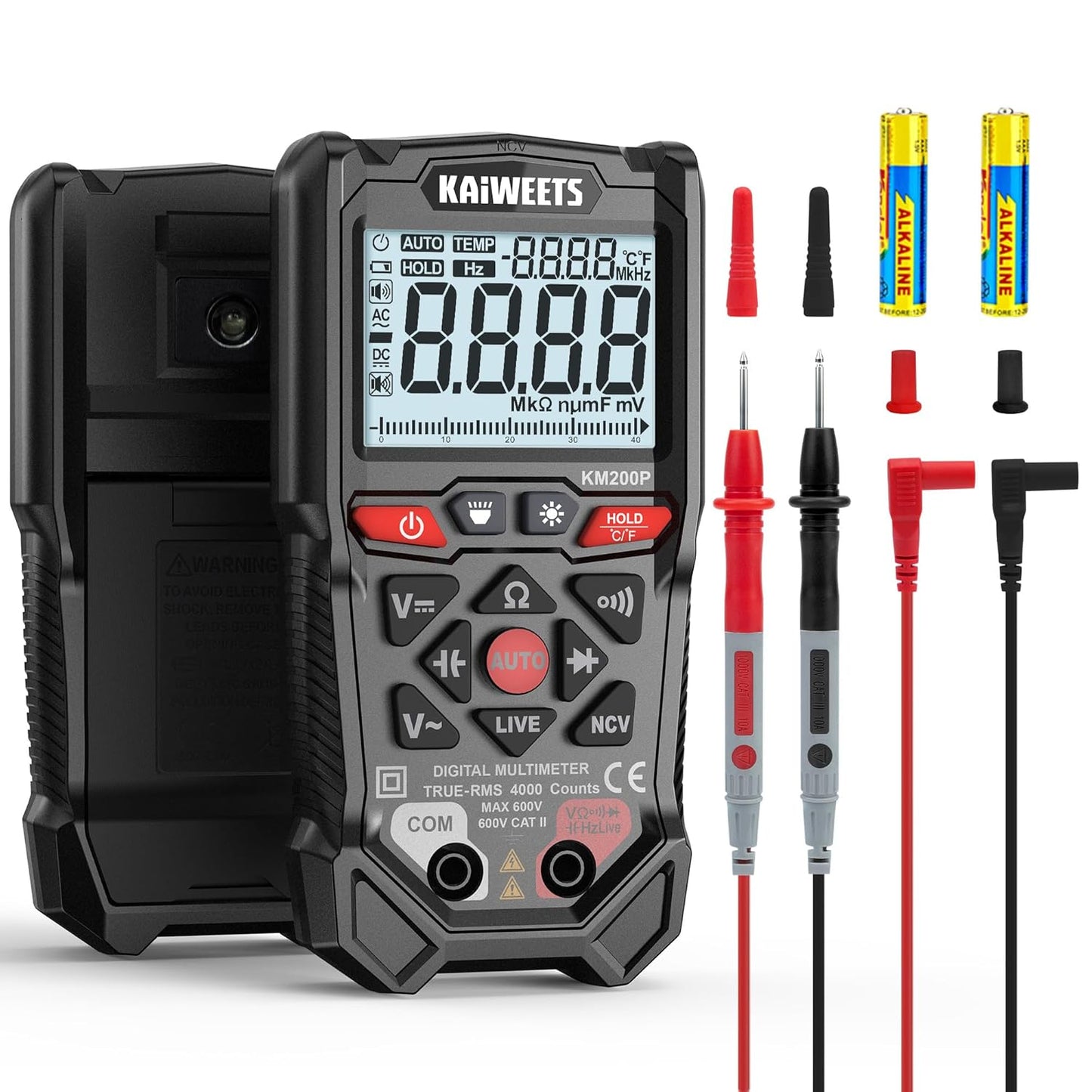 KAIWEETS KM200P Digital Multimeter, All Button Operation (No Knob), TRMS Auto Ranging, 4000 Counts, NCV, Voltmeter Ohmmeter, Fast & Accurate Measure AC/DC Voltage, Resistance, Continuity, Capacitance
