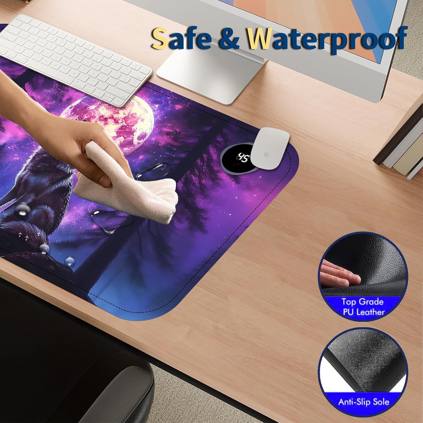 Heated Mouse Pad with 3 Temperature Settings(104°F–122°F),Large 24x14.2 Inch PU Leather Heated Desk Mat,Waterproof Warming Pad for Office,Gaming & Cold Hands Relief,Moon Wolf Howling
