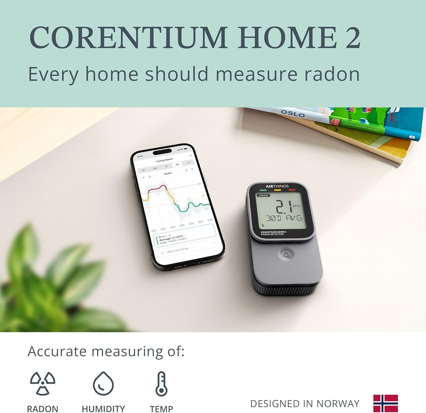 Airthings 325 Corentium Home 2 Smart Digital Radon Detector - Portable and Easy-to-use Radon Testing with Bluetooth connectivity and Humidity & Temperature Sensors
